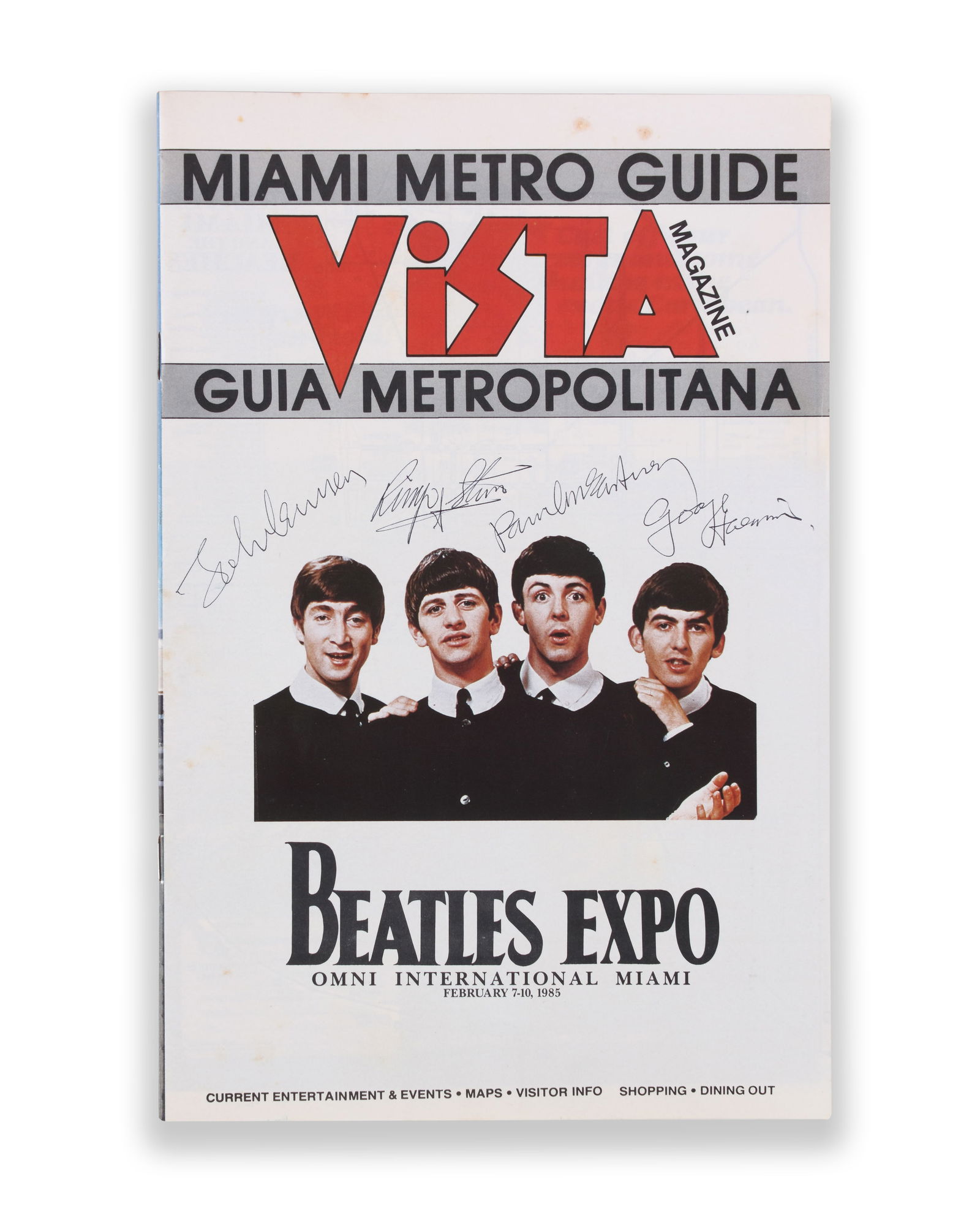THE BEATLES - FULLY SIGNED MIAMI METRO GUIDE "VISITA" MAGAZINE COVER (1964 U.S. TOUR): THE BEATLES - FULLY SIGNED MIAMI METRO GUIDE "VISITA" MAGAZINE COVER (1964 U.S. TOUR)Provenance and Authenticity:This item includes a certificate of authenticity. His Collectible Has Undergone