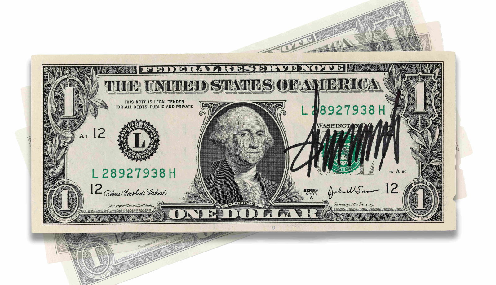 DONALD TRUMP - A HAND-SIGNED SERIES 2003 ONE DOLLAR FEDERAL RESERVE NOTE: DONALD TRUMP - A HAND-SIGNED SERIES 2003 ONE DOLLAR FEDERAL RESERVE NOTE Provenance and Authenticity: This item includes a certificate of authenticity. This lot features the highly recognizable and bo