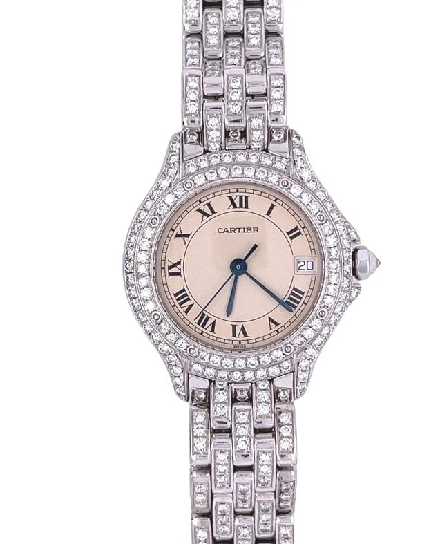 CARTIER PASHA DE CARTIER SERIES FULL DIAMOND LADIES' WATCH: CARTIER PASHA DE CARTIER SERIES FULL DIAMOND LADIES' WATCHDescription:The entire watch is crafted from 18K white gold and fully set with diamonds-the case, bezel, and strap are all set with round