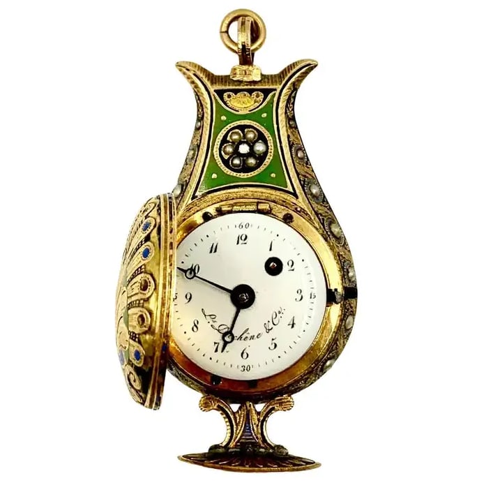 LOUIS DUCHENE & CIE. 18K GOLD ENAMEL PEARL DIAMOND SET LYRE FORM WATCH, C.1810: LOUIS DUCHENE & CIE. 18K GOLD ENAMEL PEARL DIAMOND SET LYRE FORM WATCH, C.1810 Description: A rare Louis Duchene & Cie. 18K gold painted enamel pearl diamond-set harp-shaped self-winding pocket watch