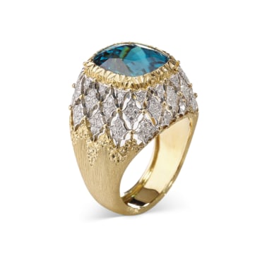 COLOURED COCKTAIL WHITE GOLD AND GOLD SET WITH ZIRCON AND DIAMOND BRIGHT COCKTAIL RING: COLOURED COCKTAIL WHITE GOLD AND GOLD SET WITH ZIRCON AND DIAMOND BRIGHT COCKTAIL RING Description: Platinum hollowed-out lace diamond cocktail ring. The gold central seat ring is molded into a piece