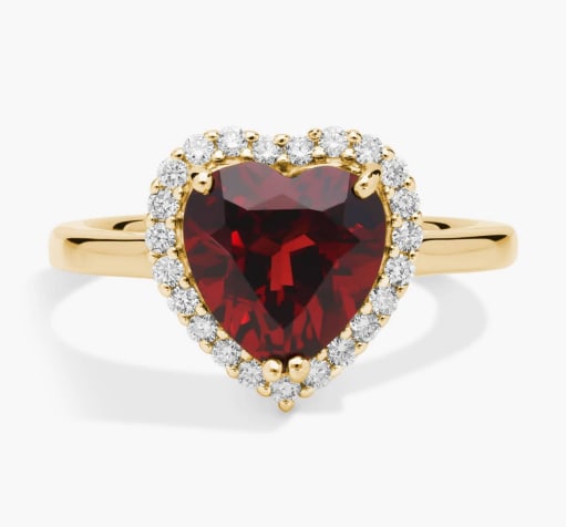 HEART SHAPED GARNET AND DIAMOND HALO RING IN 14K YELLOW GOLD (1 of 1)
