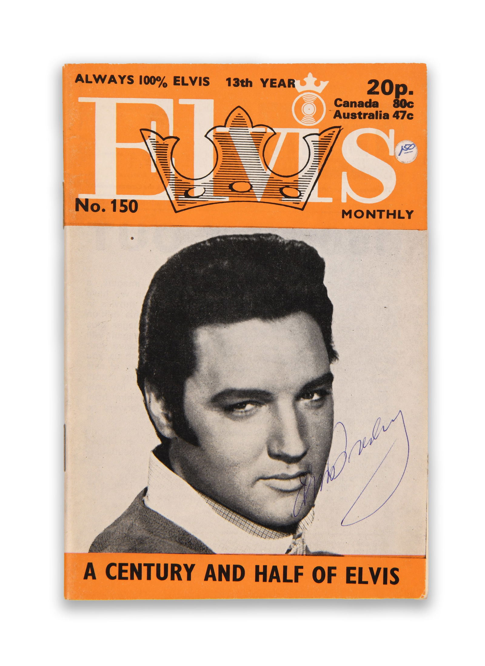 ELVIS PRESLEY (1935–1977), SIGNED, ELVIS MONTHLY MAGAZINE, NO.150: ELVIS PRESLEY (1935–1977), SIGNED, ELVIS MONTHLY MAGAZINE, NO.150Provenance and Authenticity:This item includes a certificate of authenticity. This issue of Elvis Monthly magazine bears a