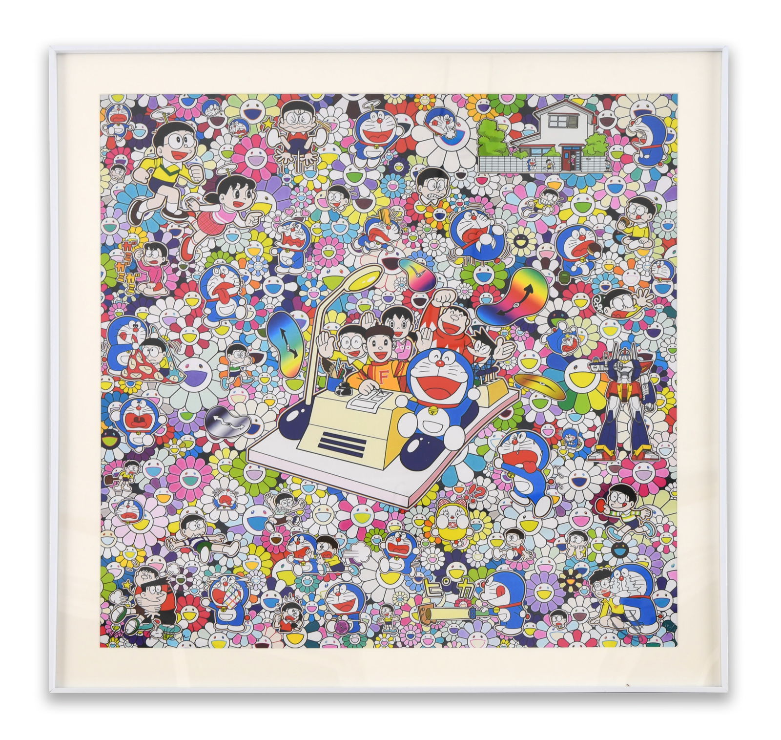 TAKASHI MURAKAMI (B. 1962), DORAEMON IN THE FIELD OF FLOWERS, DECORATIVE PRINT AFTER THE ORIGINAL: TAKASHI MURAKAMI (B. 1962), DORAEMON IN THE FIELD OF FLOWERS, DECORATIVE PRINT AFTER THE ORIGINAL ARTWORK Dimensions: Framed dimensions approximately:70 × 70 cm. All measurements are approximate. Pro