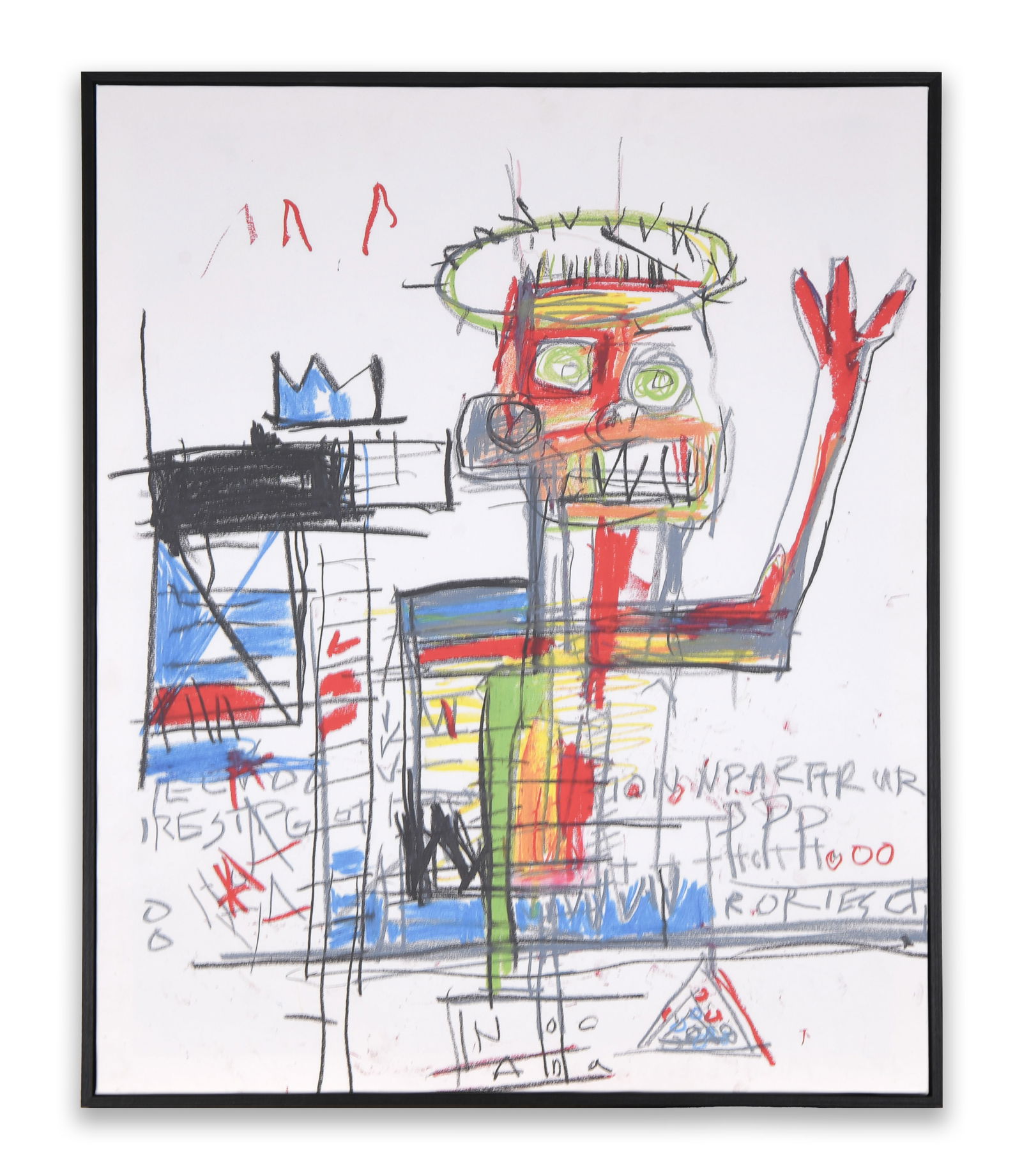 JEAN-MICHEL BASQUIAT (1960–1988), UNTITLED FIGURE COMPOSITION, DECORATIVE CANVAS PRINT: JEAN-MICHEL BASQUIAT (1960–1988), UNTITLED FIGURE COMPOSITION, DECORATIVE CANVAS PRINT Dimensions: Framed dimensions approximately:70 × 35 cm. All measurements are approximate. Provenance and Authe