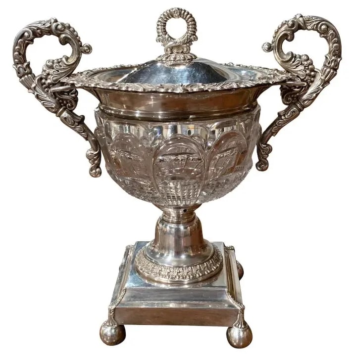 19TH CENTURY FRENCH SILVER PLATED OVER COPPER AND CRYSTAL SUGAR OR CANDY BOWL: 19TH CENTURY FRENCH SILVER PLATED OVER COPPER AND CRYSTAL SUGAR OR CANDY BOWL Provenance and Authenticity: This item includes a certificate of authenticity. Description: This elegant and grand antique