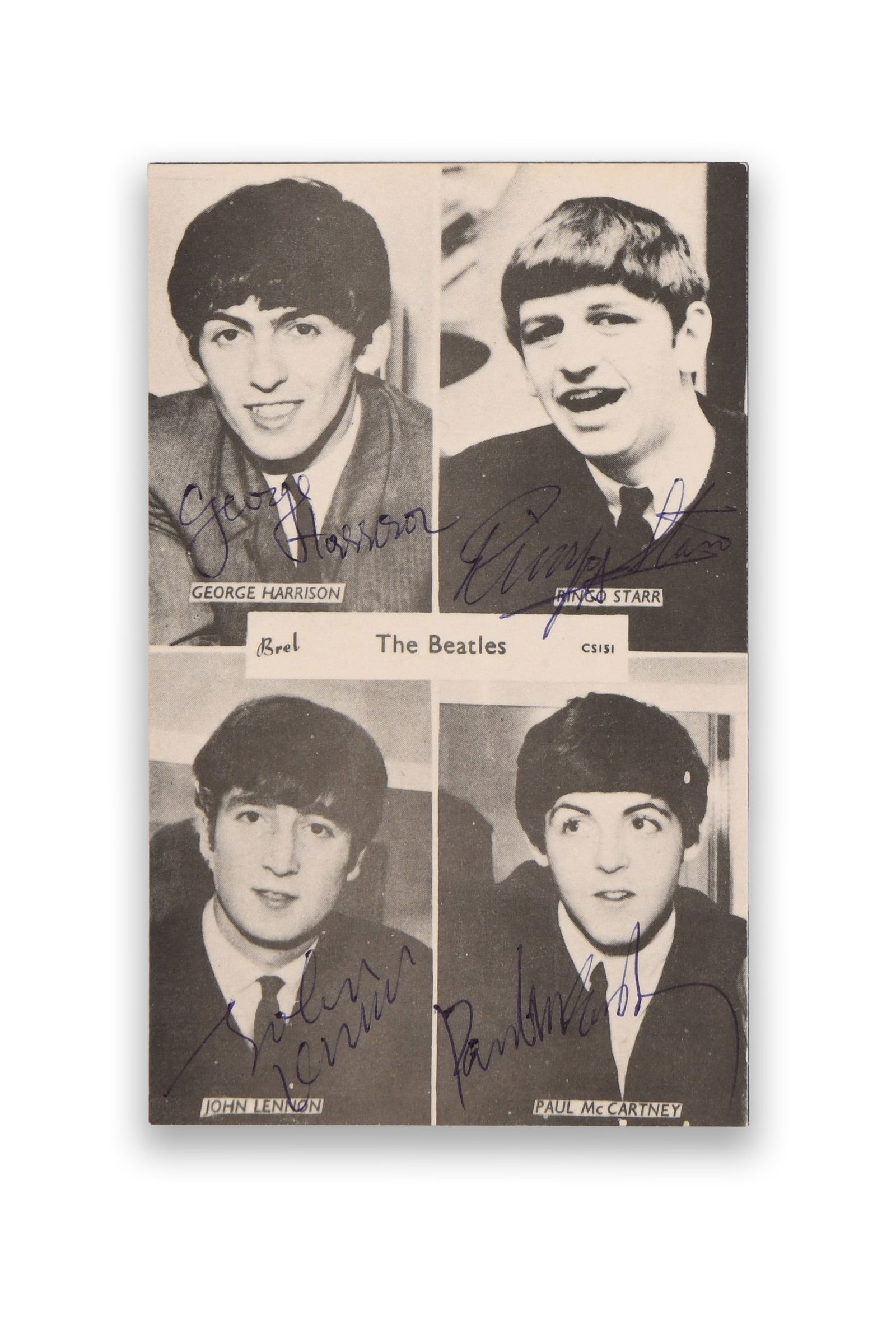 THE BEATLES, MULTI-SIGNED PHOTOGRAPH POSTCARD, CIRCA 1960S: THE BEATLES, MULTI-SIGNED PHOTOGRAPH POSTCARD, CIRCA 1960SProvenance and Authenticity:This item includes a certificate of authenticity. This black-and-white promotional postcard depicting the members