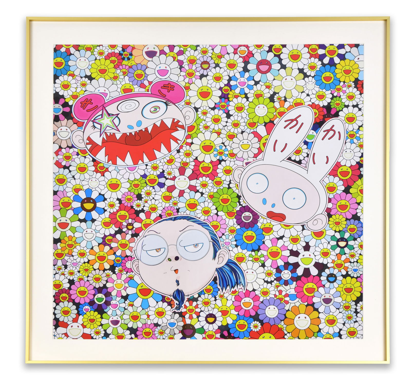 TAKASHI MURAKAMI (B. 1962), SUPERFLAT FLOWER FIELD WITH CHARACTERS, DECORATIVE PRINT AFTER THE: TAKASHI MURAKAMI (B. 1962), SUPERFLAT FLOWER FIELD WITH CHARACTERS, DECORATIVE PRINT AFTER THE ORIGINAL ARTWORKDimensions:Framed dimensions approximately:70 × 70 cm. All measurements are