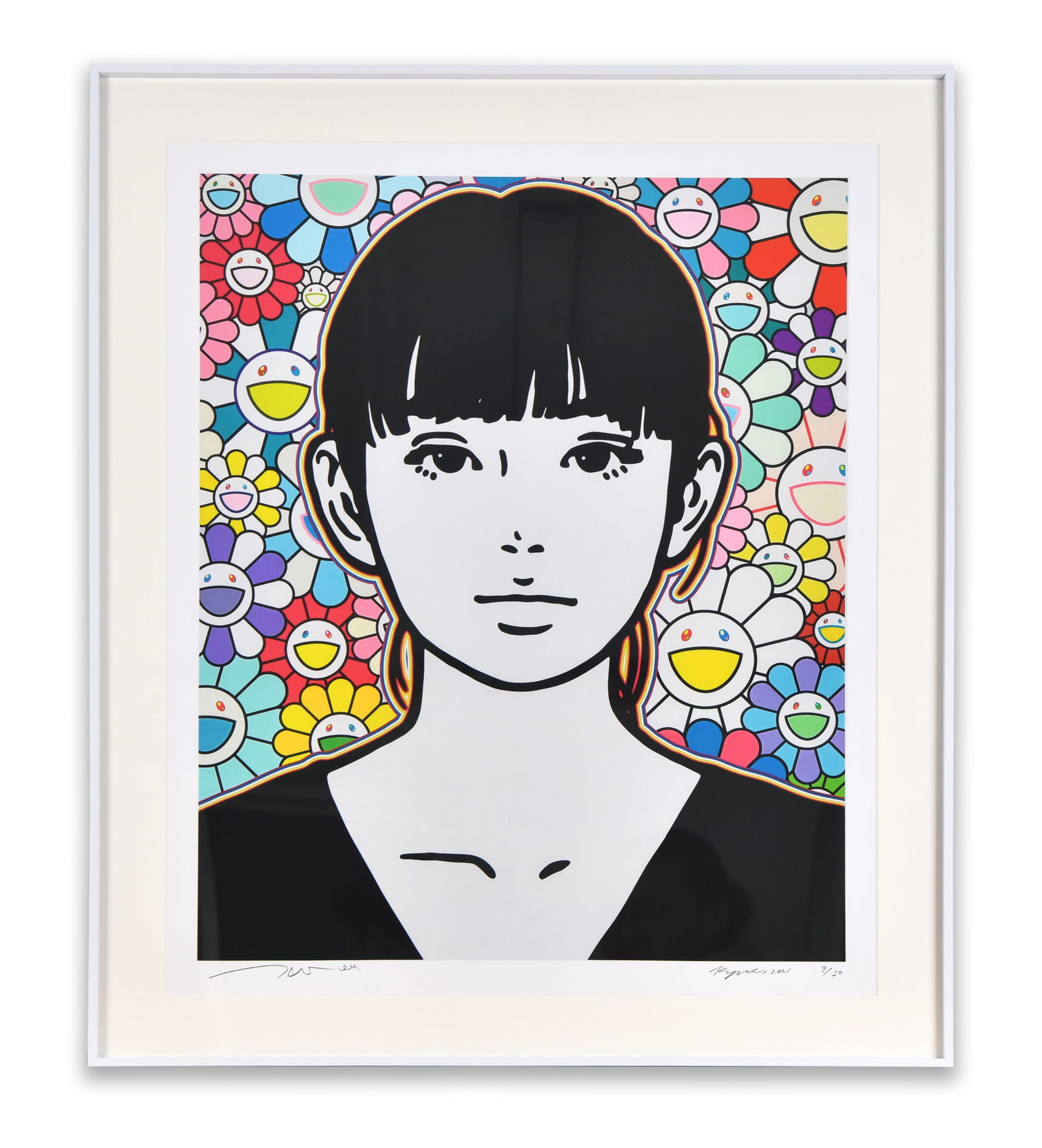 TAKASHI MURAKAMI (B. 1962), COLLABORATION PORTRAIT WITH FLOWER FIELD, DECORATIVE PRINT: TAKASHI MURAKAMI (B. 1962), COLLABORATION PORTRAIT WITH FLOWER FIELD, DECORATIVE PRINT Dimensions: Framed dimensions approximately:70 × 50 cm. All measurements are approximate. Provenance and Authent