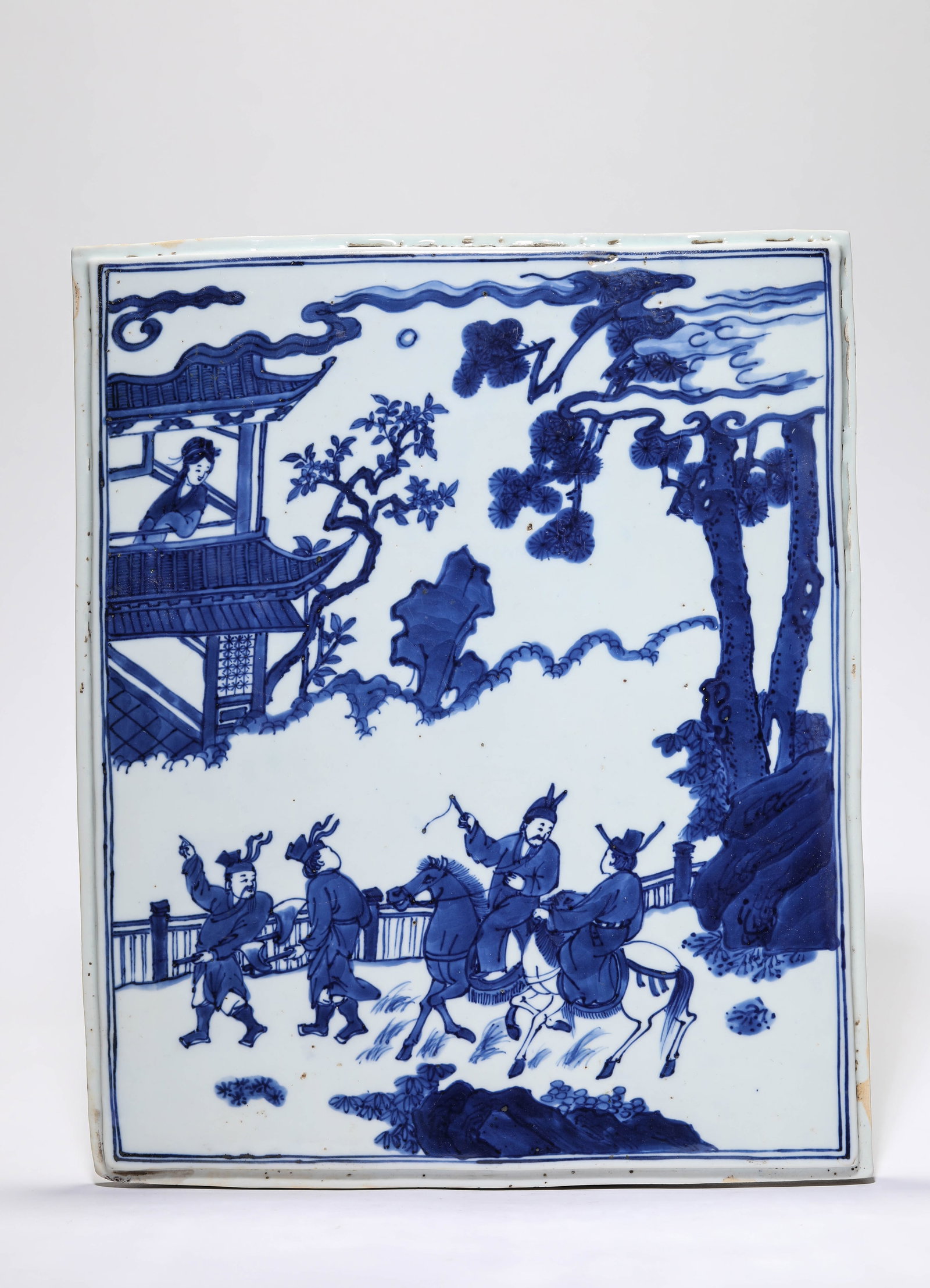 A BLUE AND WHITE 'FIGURAL' PORCELAIN PANEL: A BLUE AND WHITE 'FIGURAL' PORCELAIN PANEL Dimensions: Width: 27.5 cm (10.83 in) x Height: 33.1 cm (13.03 in). All measurements are approximate.