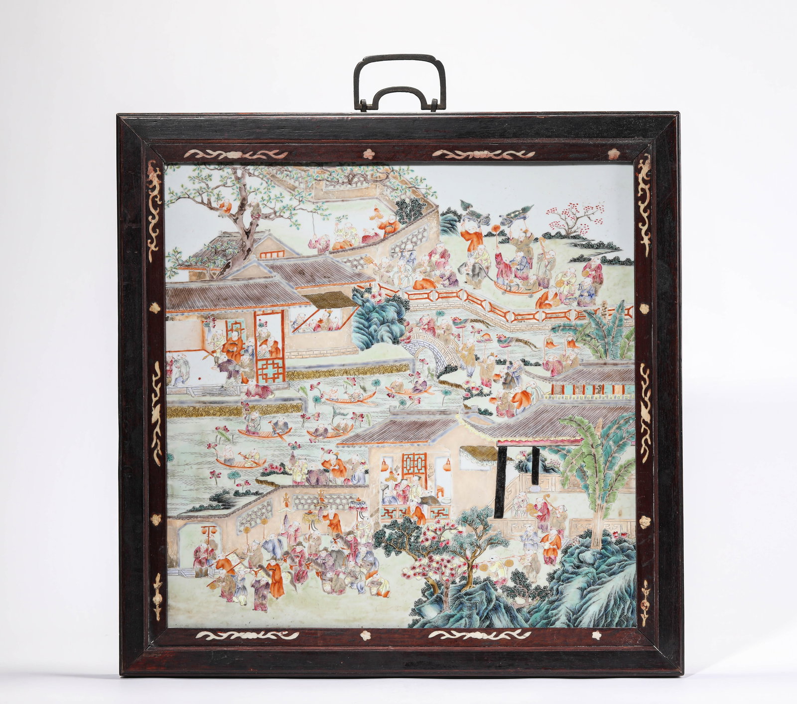 A FAMILLE-ROSE 'ONE HUNDRED BOYS AT LANTERN FESTIVAL' PORCELAIN PANEL: A FAMILLE-ROSE 'ONE HUNDRED BOYS AT LANTERN FESTIVAL' PORCELAIN PANEL Dimensions: Width: 52.0 cm (20.47 in). All measurements are approximate.