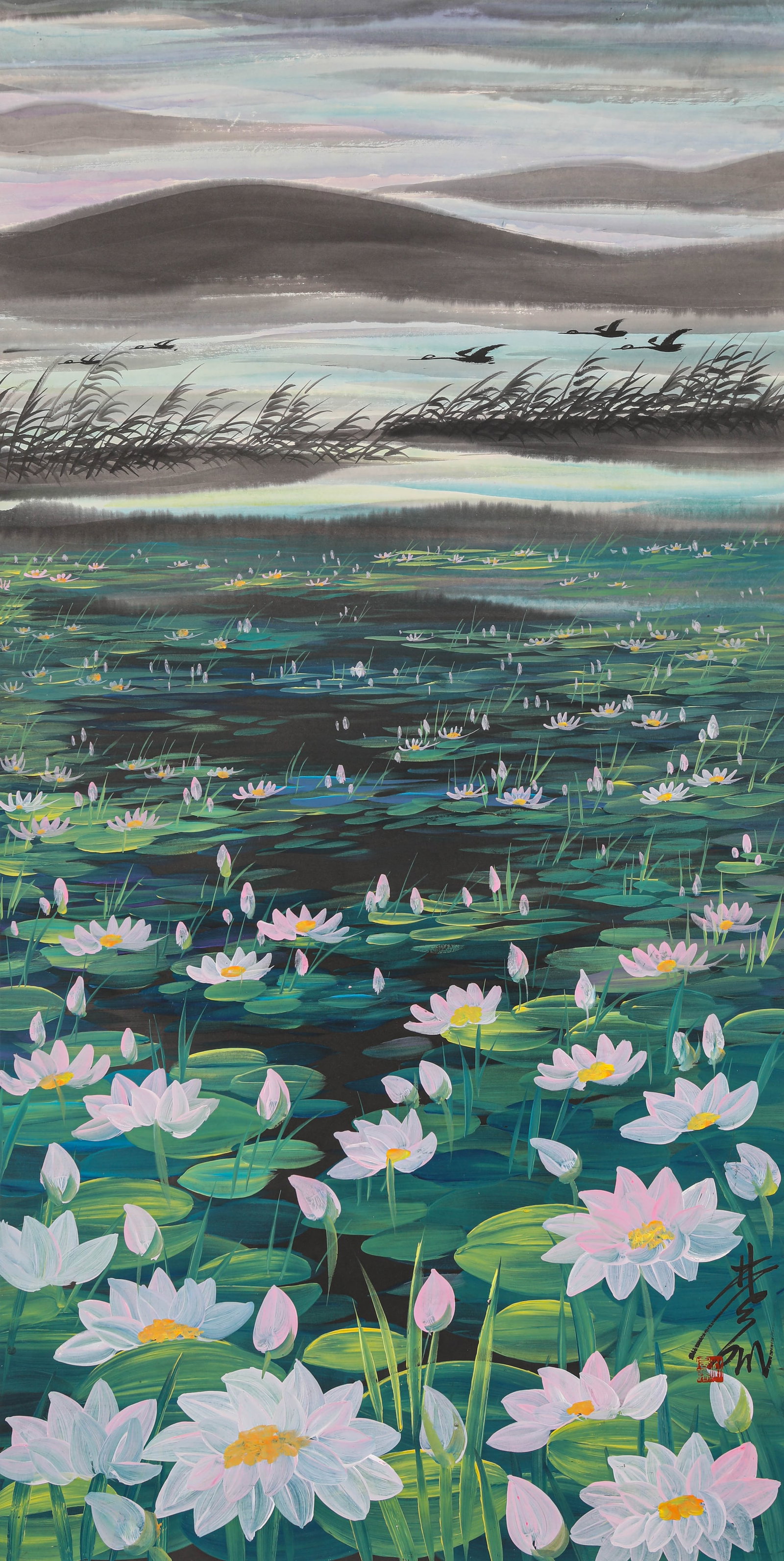 LIN FENGMIAN (1900-1991), ATTRIBUTED TO, LOTUS POND: LIN FENGMIAN (1900-1991), ATTRIBUTED TO, LOTUS POND Dimensions: Width: 69.0 cm (27.17 in) x Height: 136.0 cm (53.54 in). All measurements are approximate.