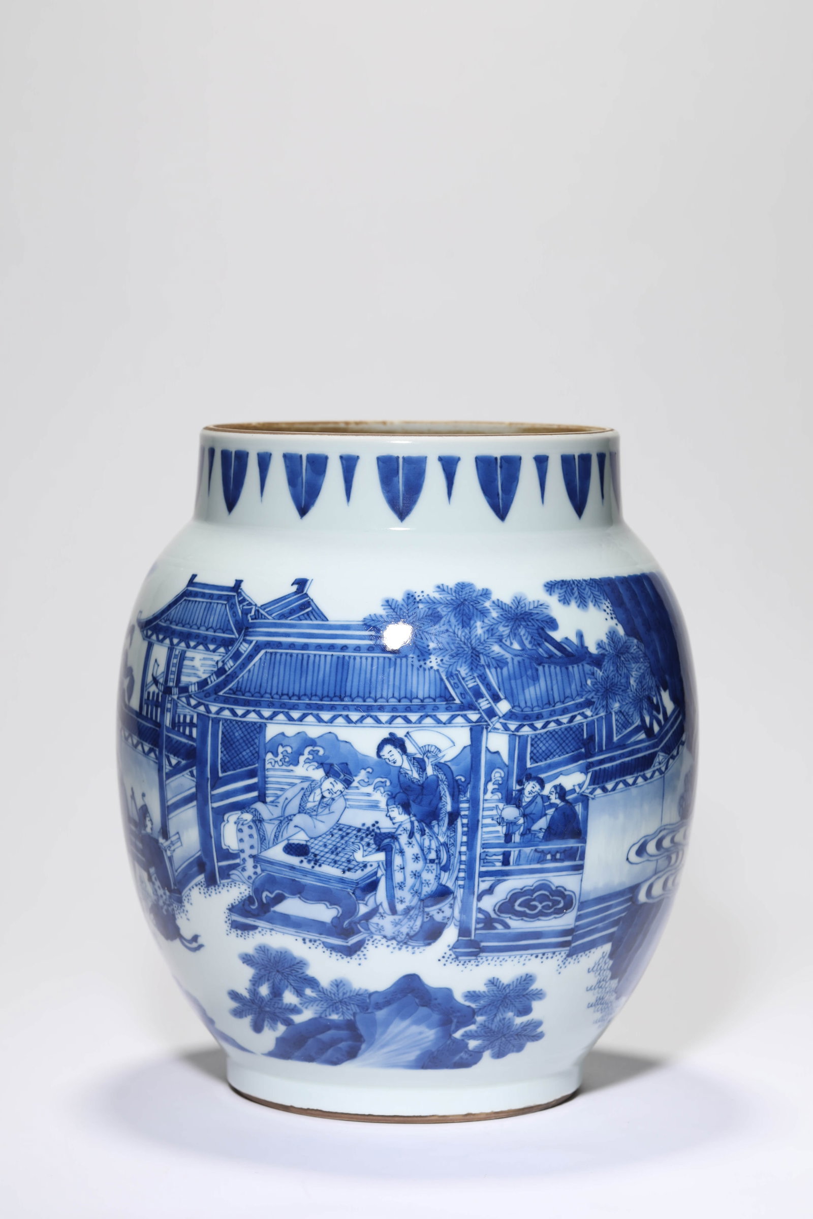 A BLUE AND WHITE 'FIGURES' LOTUS-SEED JAR: A BLUE AND WHITE 'FIGURES' LOTUS-SEED JAR Dimensions: Width: 21.5 cm (8.46 in) x Height: 25.3 cm (9.96 in). All measurements are approximate.