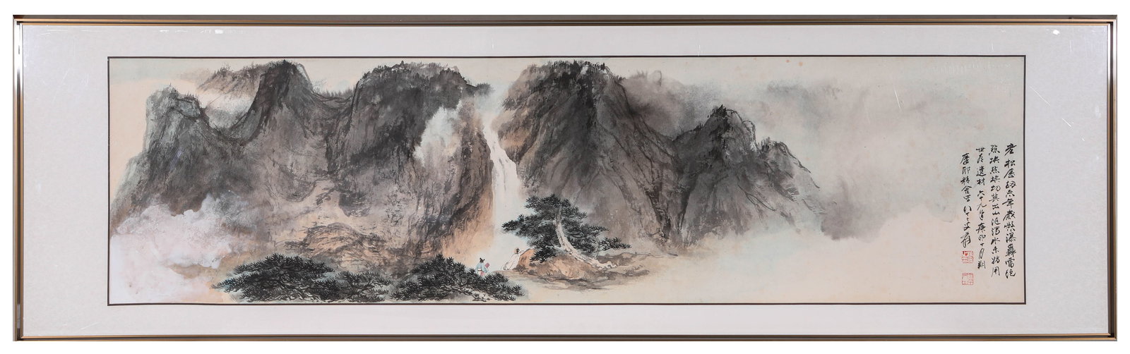 ZHANG DAQIAN (1899-1983), ATTRIBUTED TO, VIEWING THE WATERFALL UNDER A PINE: ZHANG DAQIAN (1899-1983), ATTRIBUTED TO, VIEWING THE WATERFALL UNDER A PINE Dimensions: Width: 137.0 cm (53.94 in) x Height: 35.0 cm (13.78 in). All measurements are approximate.
