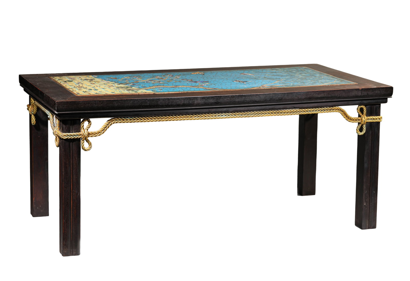 A CLOISONNé ENAMEL 'FLOWERS AND BIRDS' TABLE: A CLOISONNé ENAMEL 'FLOWERS AND BIRDS' TABLE Dimensions: Length: 83.7 cm (32.95 in) x Width: 43.6 cm (17.17 in) x Height: 36.5 cm (14.37 in). All measurements are approximate.
