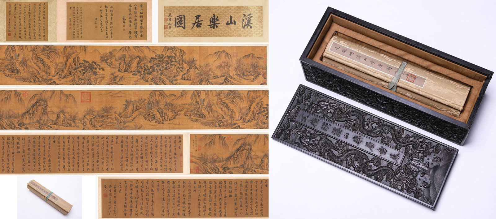 WEN ZHENGMING (1470-1559), ATTRIBUTED TO, JOYFUL DWELLING BY MOUNTAIN STREAM: WEN ZHENGMING (1470-1559), ATTRIBUTED TO, JOYFUL DWELLING BY MOUNTAIN STREAM Dimensions: Width: 820.0 cm (322.83 in) x Height: 34.5 cm (13.58 in). All measurements are approximate.