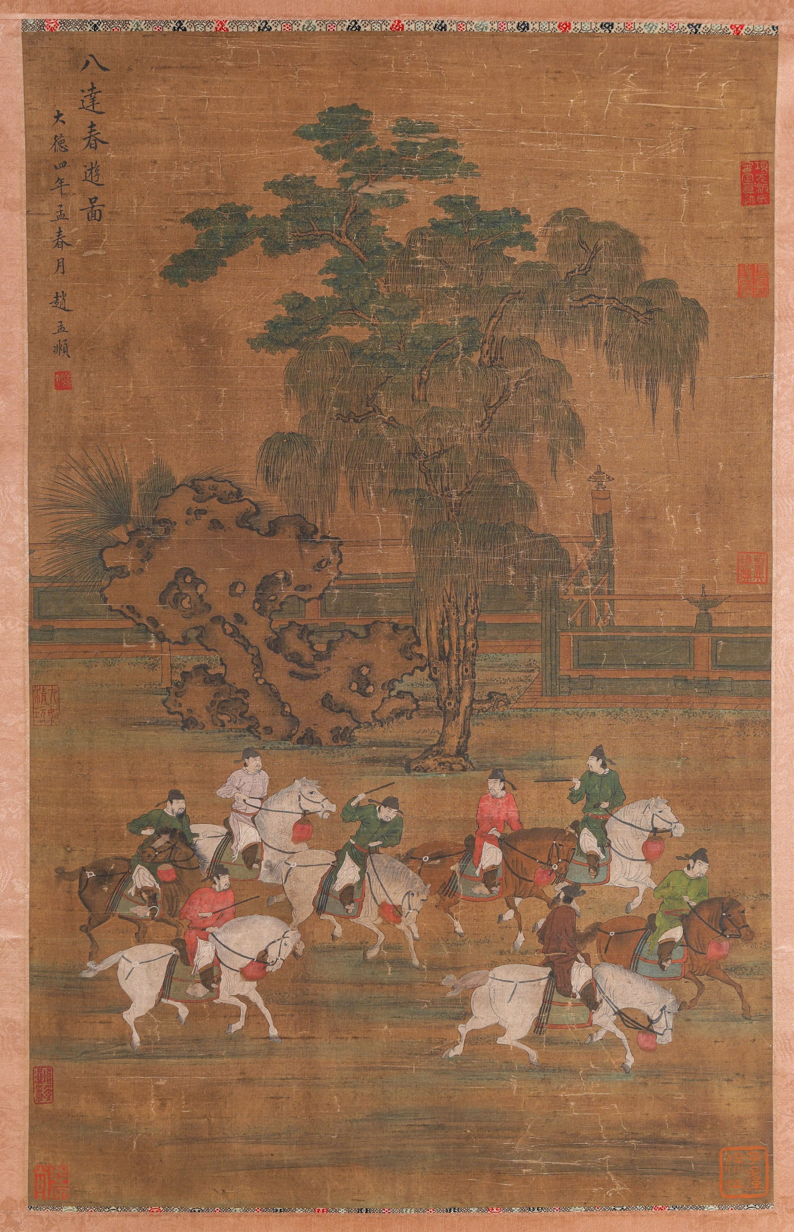 ZHAO MENGFU (1254-1322), ATTRIBUTED TO, EIGHT EMINENT FIGURES ON A SPRING OUTING: ZHAO MENGFU (1254-1322), ATTRIBUTED TO, EIGHT EMINENT FIGURES ON A SPRING OUTING Dimensions: Width: 57.0 cm (22.44 in) x Height: 89.0 cm (35.04 in). All measurements are approximate.