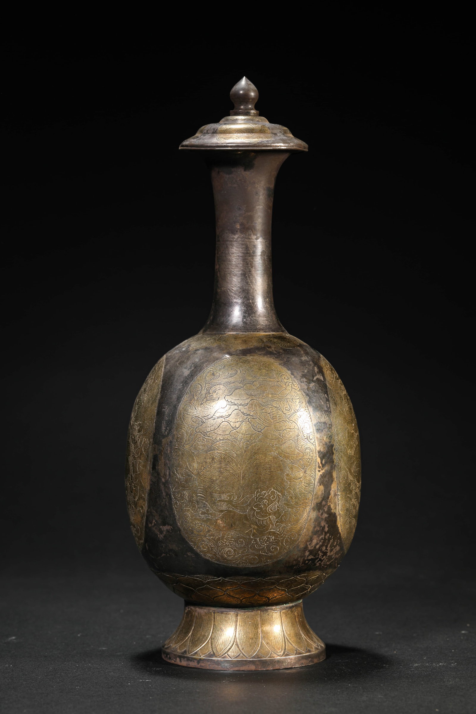 A SILVER AND PARTIALLY-GILT 'AUSPICIOUS BEAST' 'LONG-NECK' VASE: A SILVER AND PARTIALLY-GILT 'AUSPICIOUS BEAST' 'LONG-NECK' VASE Dimensions: Weight: 0.7kg. Width: 11.5 cm (4.53 in) x Height: 27.5 cm (10.83 in). All measurements are approximate.