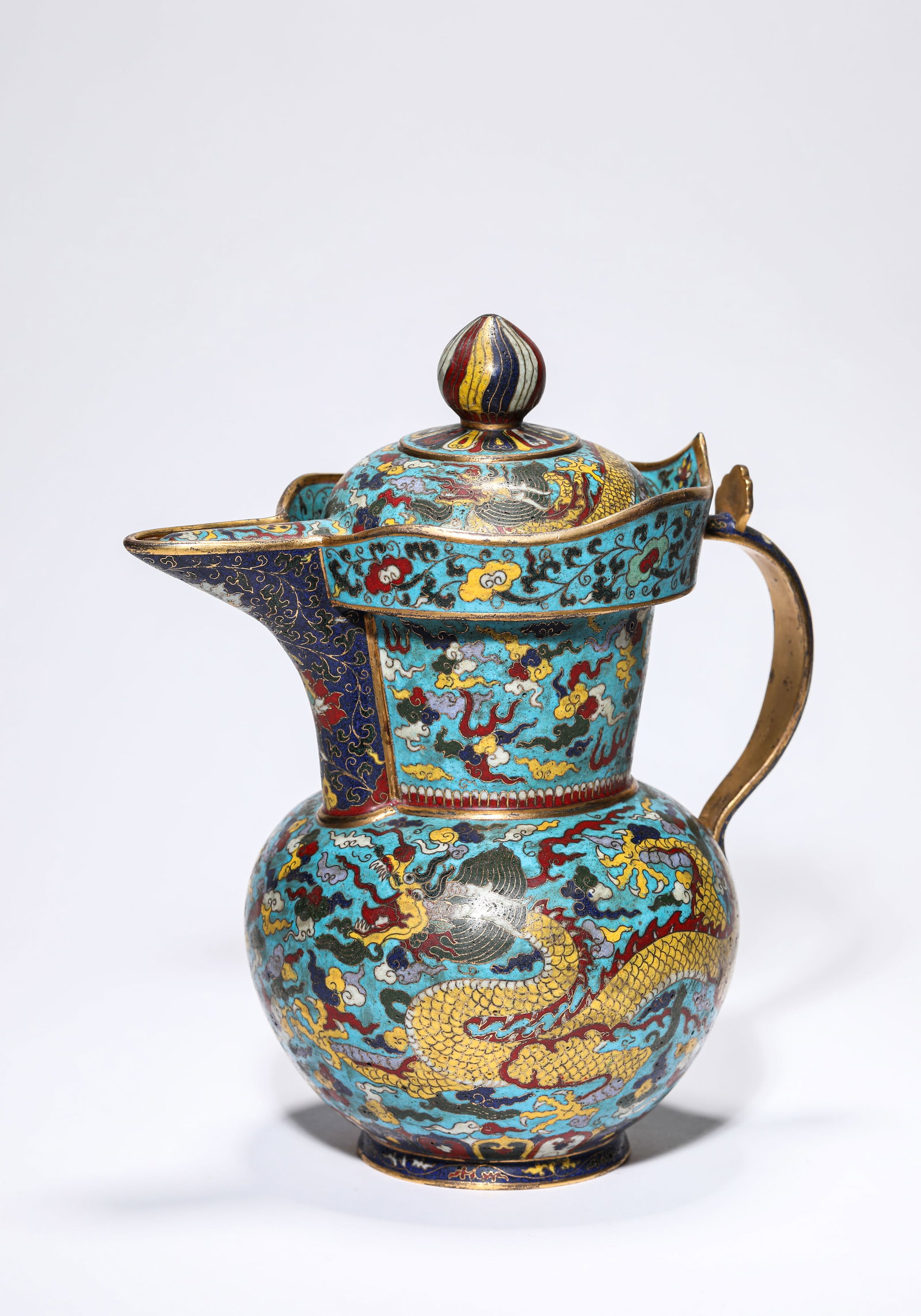 A CLOISONNé ENAMEL 'DRAGON AND CLOUDS' MONK'S CAP EWER: A CLOISONNé ENAMEL 'DRAGON AND CLOUDS' MONK'S CAP EWER Dimensions: Weight: 1980g. Length: 21.5 cm (8.46 in) x Width: 14.5 cm (5.71 in) x Height: 25.0 cm (9.84 in). All measurements are approximate.