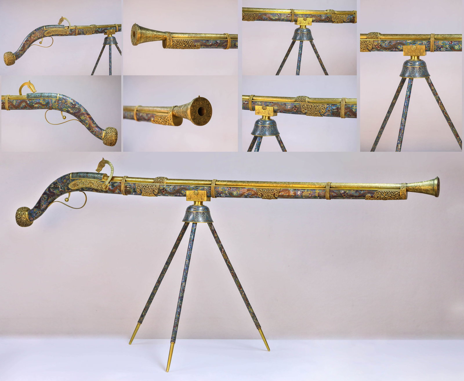 A CLOISONNé ENAMEL 'DRAGON' HANDGONNE: A CLOISONNé ENAMEL 'DRAGON' HANDGONNE Dimensions: Weight: 12.7kg. Length: 206.0 cm (81.10 in) x Height: 96.0 cm (37.80 in). All measurements are approximate.