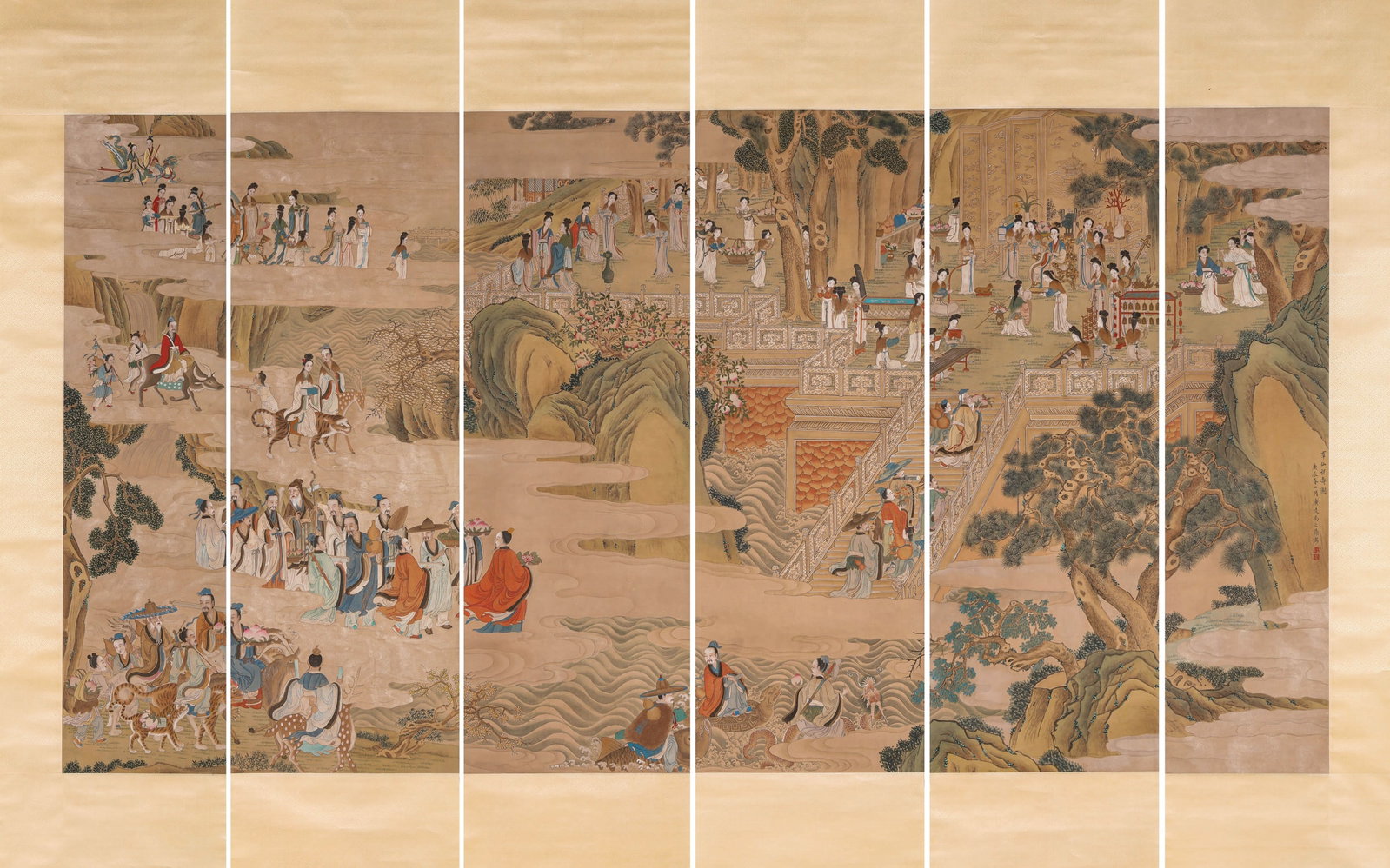 YU ZHIDING (1647-1716), ATTRIBUTED TO, IMMORTALS OFFERING BIRTHDAY CONGRATULATIONS (SIX-PANEL: YU ZHIDING (1647-1716), ATTRIBUTED TO, IMMORTALS OFFERING BIRTHDAY CONGRATULATIONS (SIX-PANEL SCREEN) Dimensions: Width: 30.5 cm (12.01 in) x Height: 120.0 cm (47.24 in). Width: 42.8 cm (16.85 in) x
