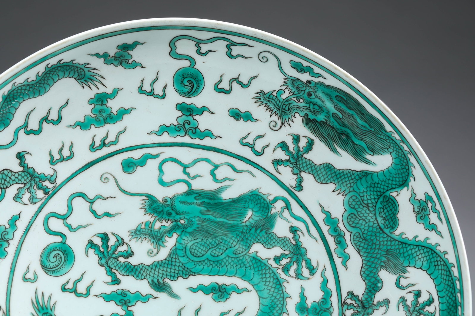 A GREEN-GLAZED 'DRAGON AND CLOUDS' DISH - 2