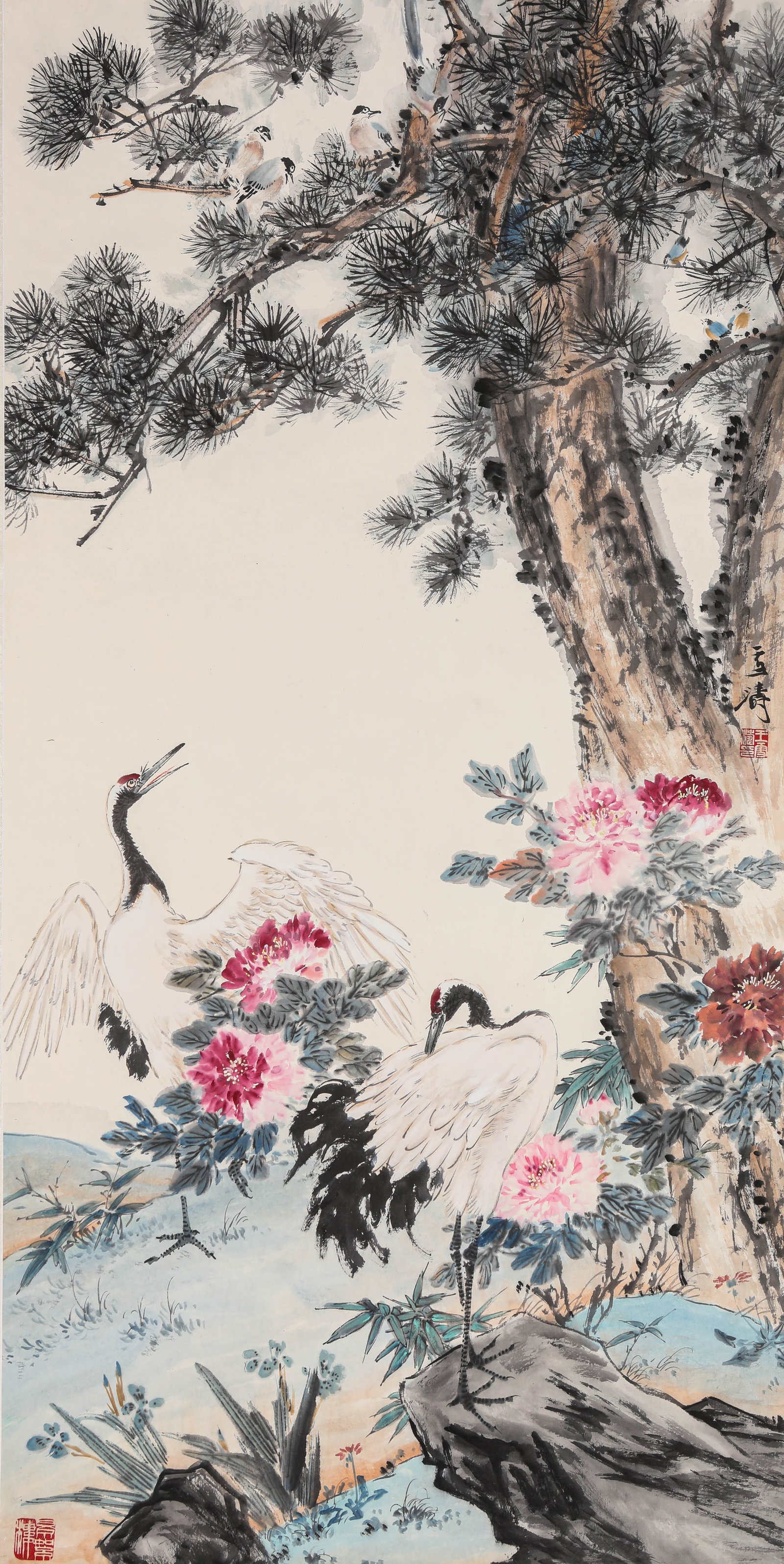 WANG XUETAO (1903-1982), ATTRIBUTED TO, PINES AND CRANES FOR LONGEVITY: WANG XUETAO (1903-1982), ATTRIBUTED TO, PINES AND CRANES FOR LONGEVITY Dimensions: Width: 53.0 cm (20.87 in) x Height: 106.0 cm (41.73 in). All measurements are approximate.