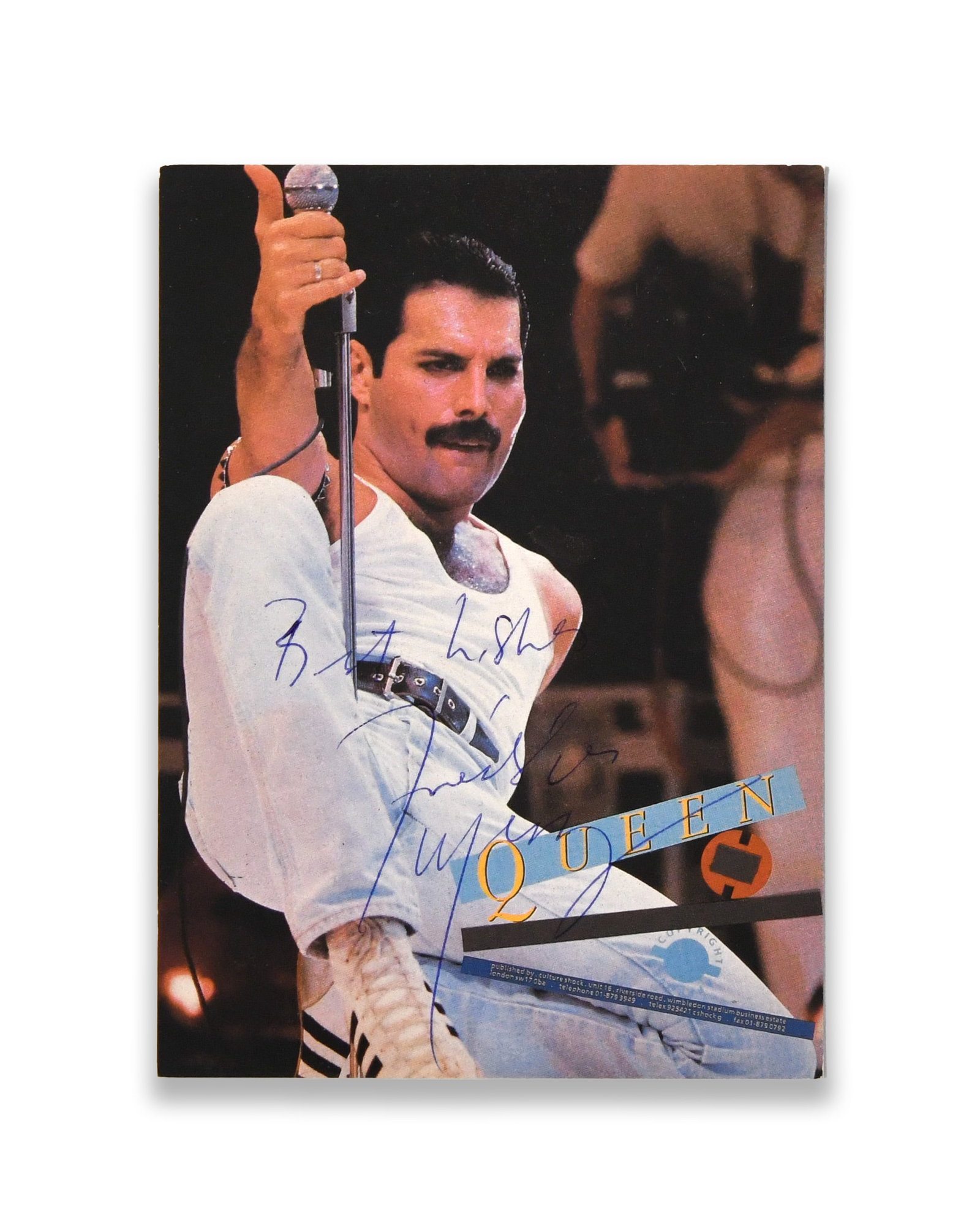 FREDDIE MERCURY - SIGNED AND INSCRIBED QUEEN POSTCARD (C. 1980S): FREDDIE MERCURY - SIGNED AND INSCRIBED QUEEN POSTCARD (C. 1980S) Provenance and Authenticity: The postcard bears a prominent signature and inscription attributed to Freddie Mercury, executed in blue i