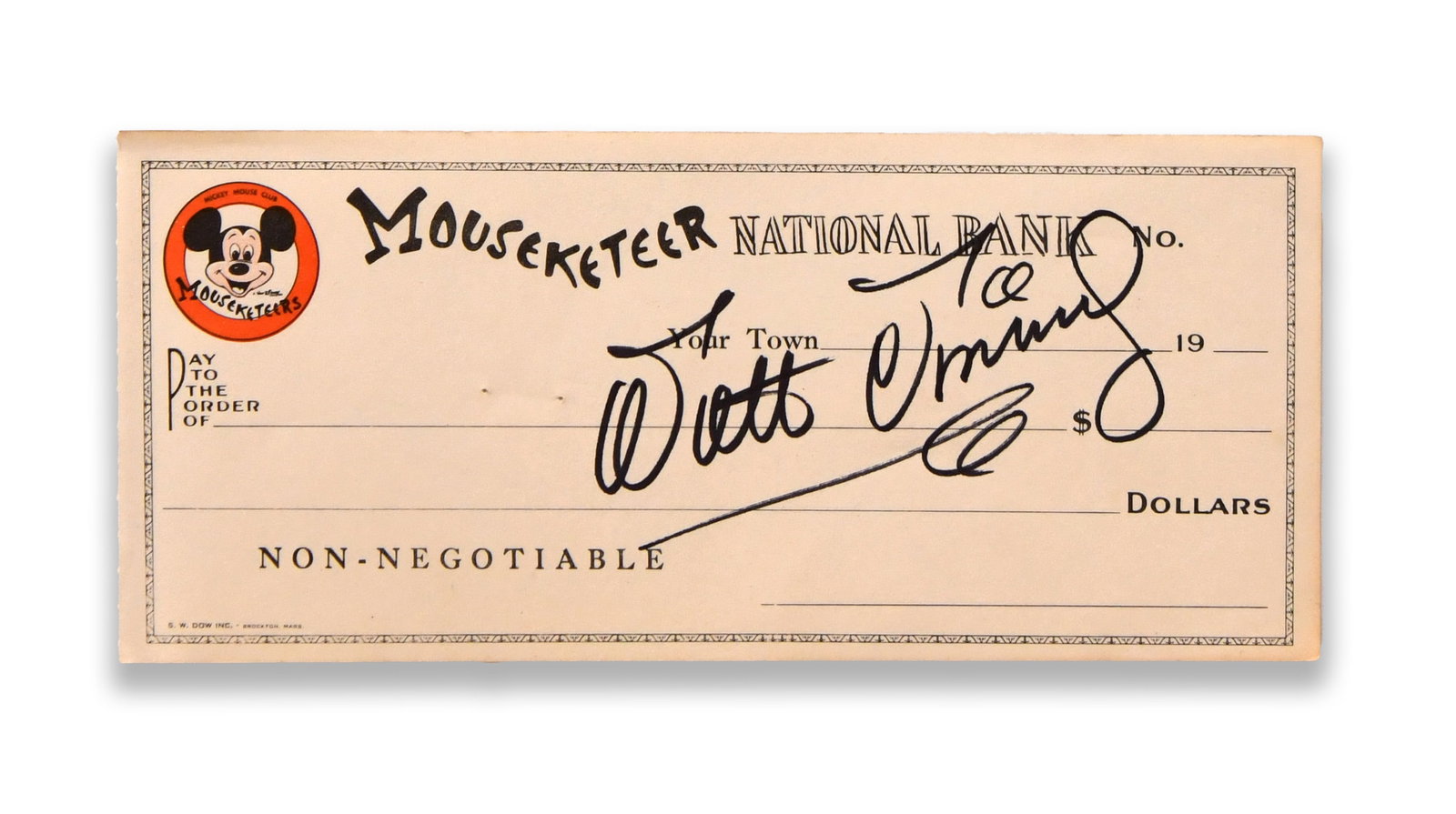 MICKEY MANTLE SIGNED MOUSEKETEER NATIONAL BANK CHECK: MICKEY MANTLE SIGNED MOUSEKETEER NATIONAL BANK CHECK Provenance and Authenticity: The catalogue record documents Mickey Mantle signed Mouseketeer National Bank check through object-level images