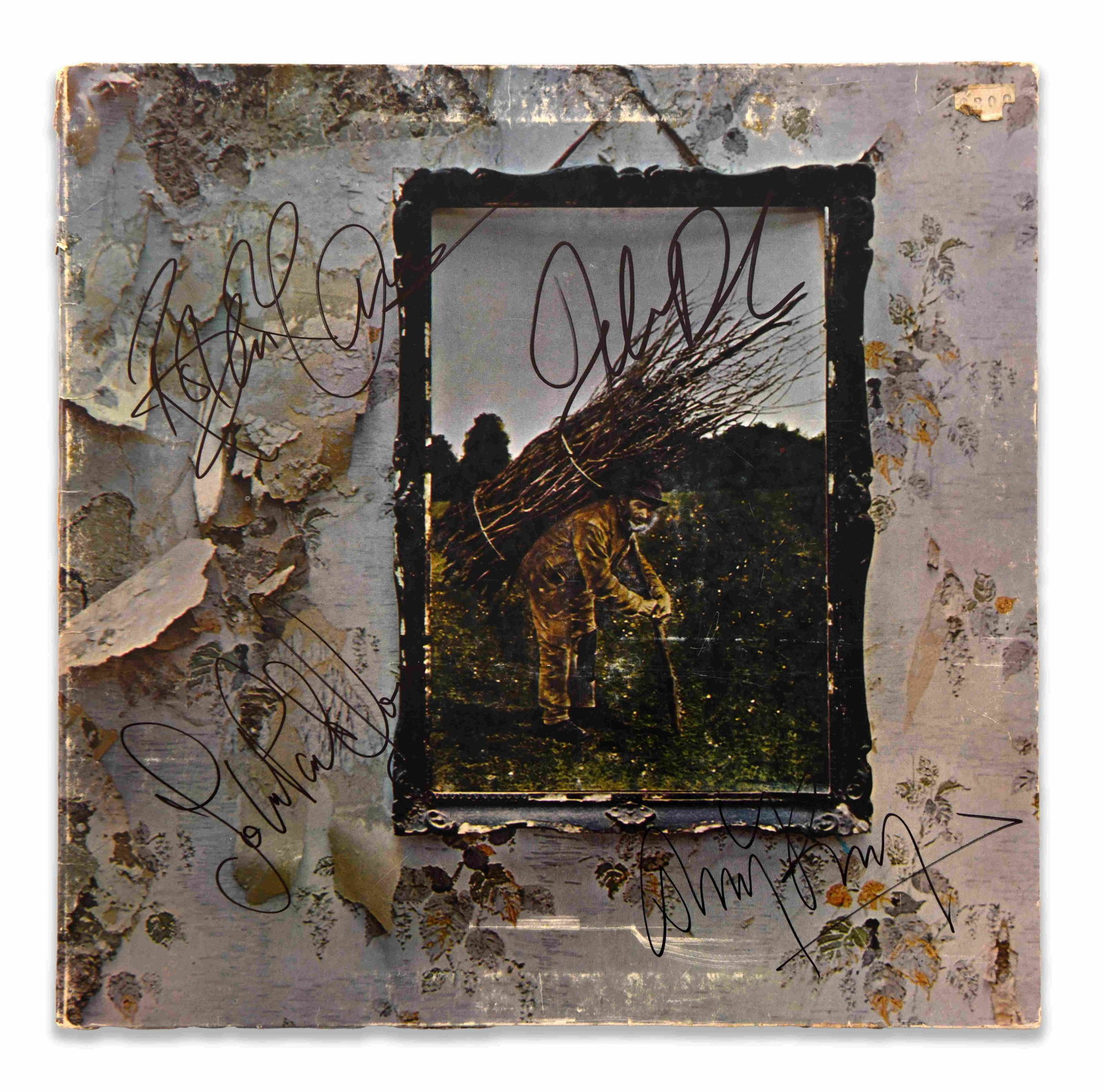 LED ZEPPELIN FULLY SIGNED IN THROUGH THE OUT DOOR LP: LED ZEPPELIN FULLY SIGNED IN THROUGH THE OUT DOOR LP Provenance and Authenticity: This lot is catalogued from photographs showing the record album, the signed area, and the related structural