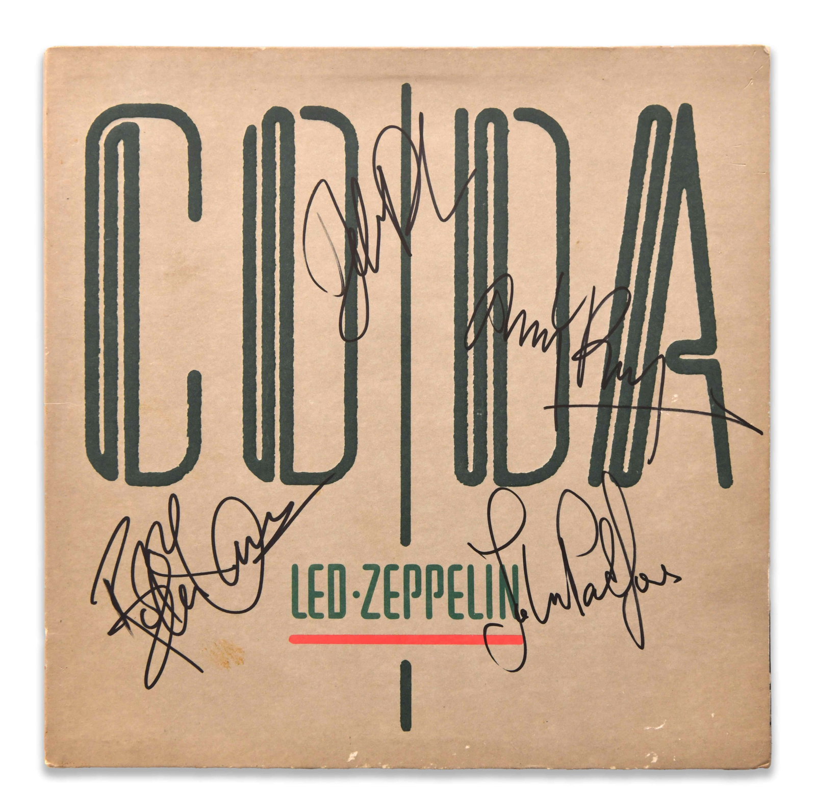 LED ZEPPELIN FULLY SIGNED CODA LP: LED ZEPPELIN FULLY SIGNED CODA LP Provenance and Authenticity: The catalogue record documents Led Zeppelin fully signed Coda LP through object-level images rather than a generic signature note. The ph
