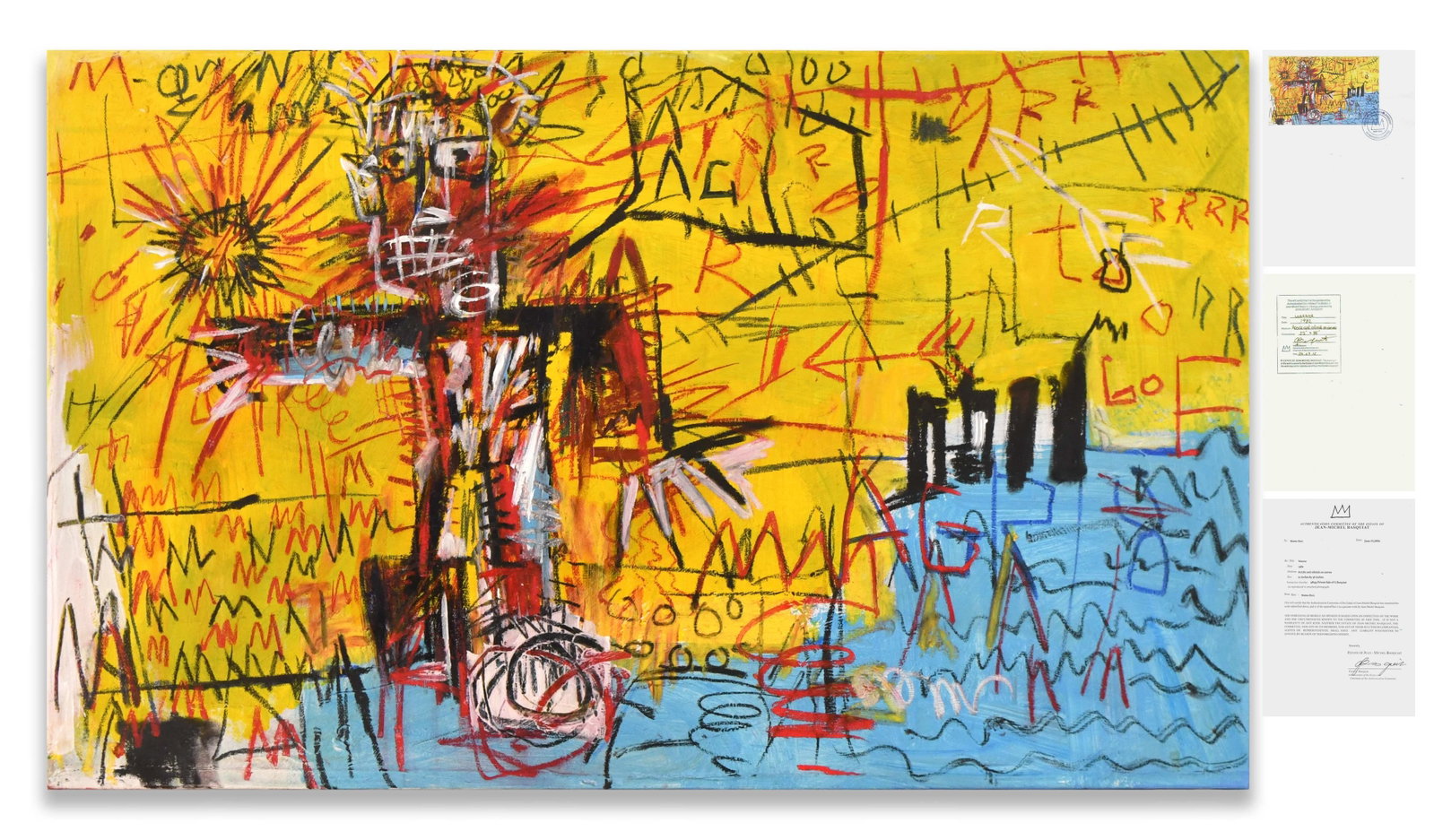 JEAN-MICHEL BASQUIAT (1960-1988), ACRYLIC AND OILSTICK ON CANVAS: JEAN-MICHEL BASQUIAT (1960-1988), ACRYLIC AND OILSTICK ON CANVAS Dimensions: Image size: 55.8 x 91.5 cm. All measured values are approximate. Provenance and Authenticity: This acrylic and oilstick on