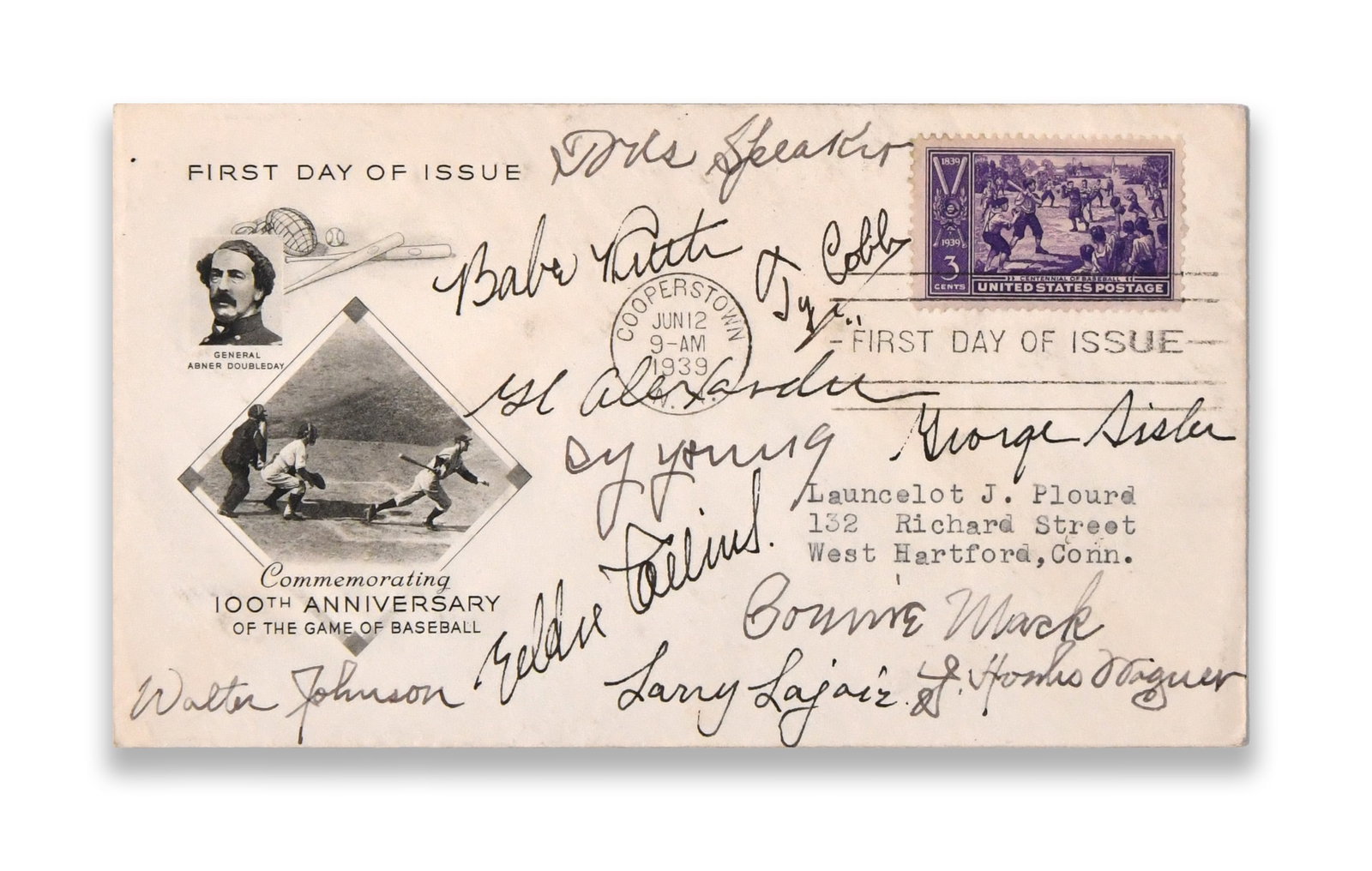 BASEBALL HALL OF FAME - MULTI-SIGNED FIRST DAY COVER, COOPERSTOWN CENTENNIAL (JUNE 12, 1939): BASEBALL HALL OF FAME - MULTI-SIGNED FIRST DAY COVER, COOPERSTOWN CENTENNIAL (JUNE 12, 1939) Provenance and Authenticity: The envelope bears a clear "Cooperstown, N.Y." first day cancellation dated