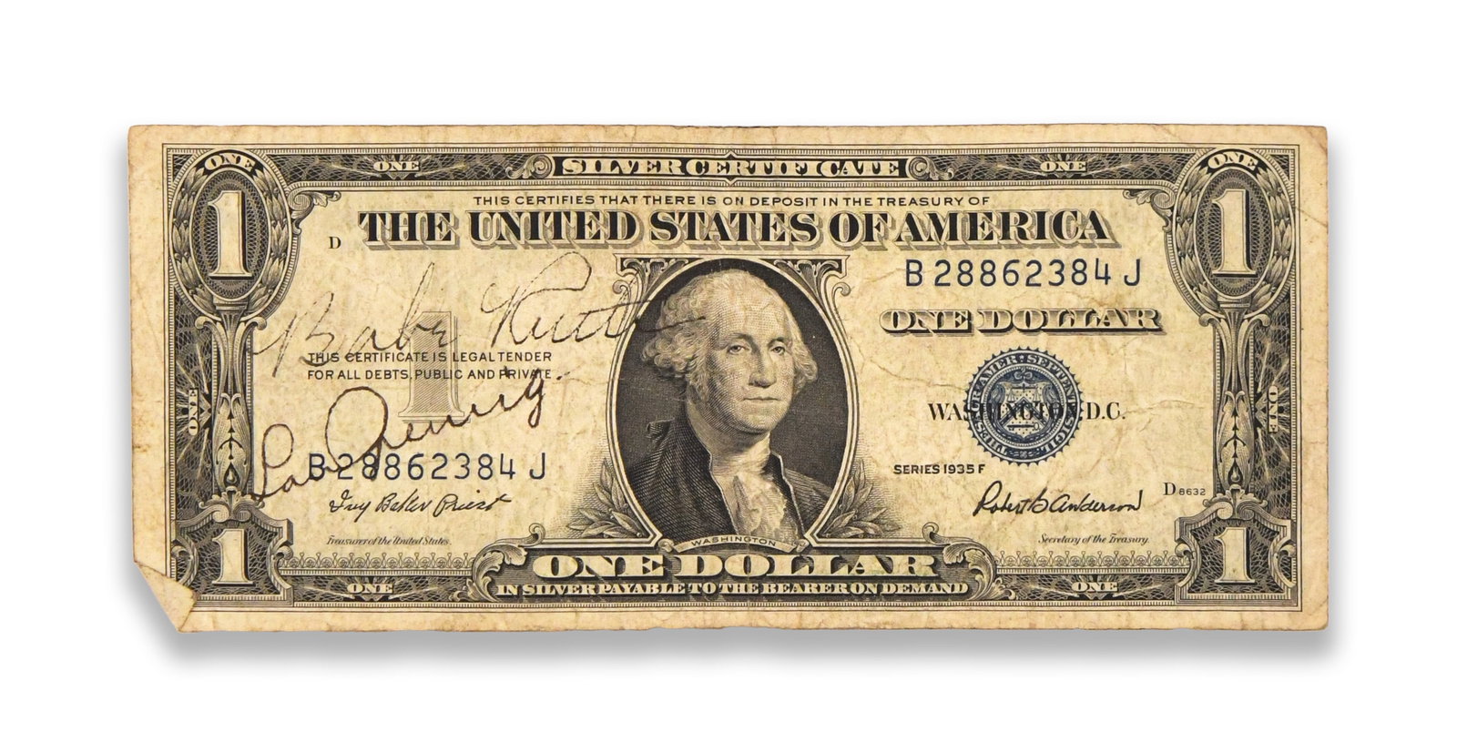 BABE RUTH AND LOU GEHRIG - DUAL-SIGNED ONE-DOLLAR SILVER CERTIFICATE (1 of 2)