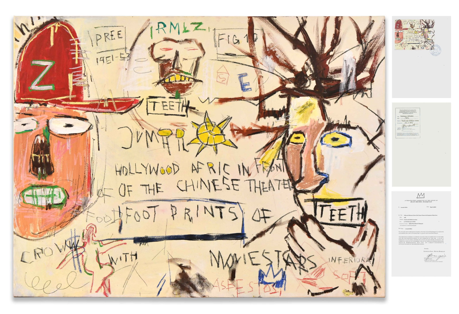 JEAN-MICHEL BASQUIAT (1960-1988), ACRYLIC AND OILSTICK ON CANVAS: JEAN-MICHEL BASQUIAT (1960-1988), ACRYLIC AND OILSTICK ON CANVAS Dimensions: Image size: 76.3 x 100.5 cm. All measured values are approximate. Provenance and Authenticity: The album bears a blue ink