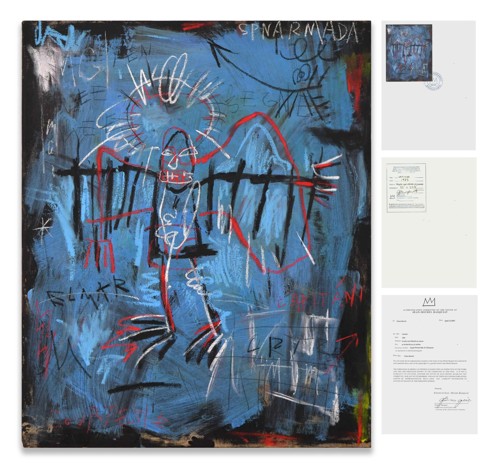 JEAN-MICHEL BASQUIAT (1960-1988), ACRYLIC AND OILSTICK ON CANVAS: JEAN-MICHEL BASQUIAT (1960-1988), ACRYLIC AND OILSTICK ON CANVAS Dimensions: Image size: 81.3 x 65 cm. All measured values are approximate. Provenance and Authenticity: The album bears a blue ink