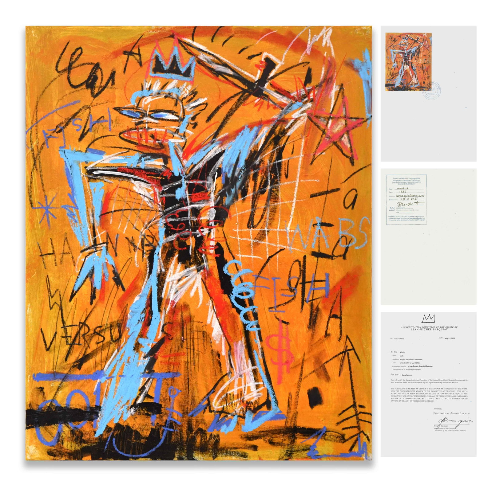 JEAN-MICHEL BASQUIAT (1960-1988), ACRYLIC AND OILSTICK ON CANVAS: JEAN-MICHEL BASQUIAT (1960-1988), ACRYLIC AND OILSTICK ON CANVAS Dimensions: Image size: 71.3 x 56 cm. All measured values are approximate. Provenance and Authenticity: Private collection. This