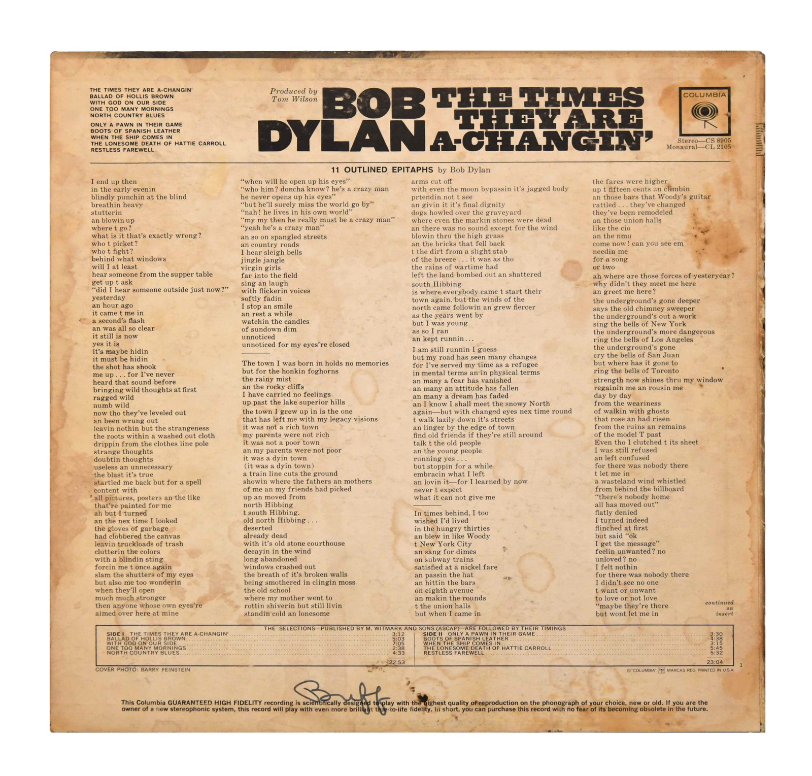 BOB DYLAN - SIGNED THE TIMES THEY ARE A-CHANGIN' LP - 2