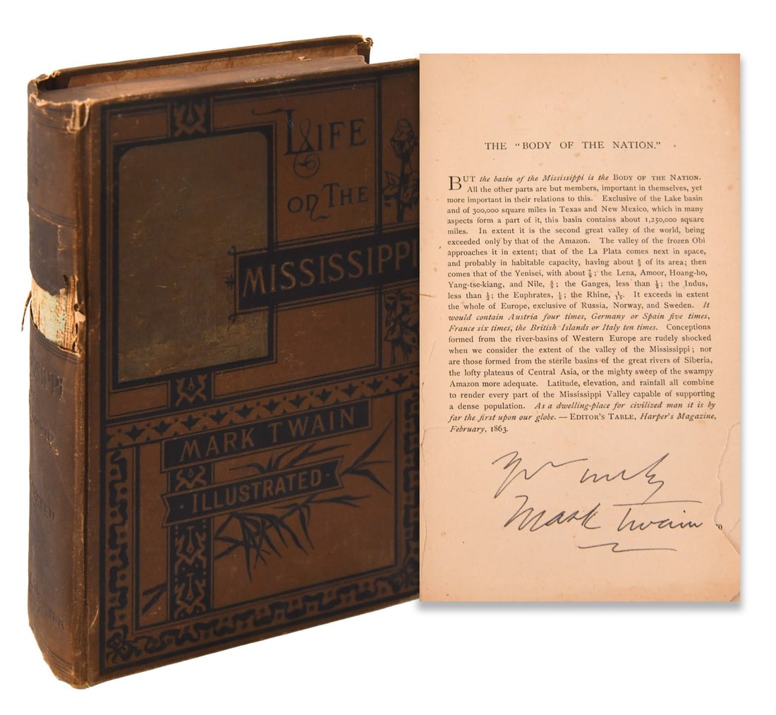 MARK TWAIN (1835-1910), SIGNED LIFE ON THE MISSISSIPPI: MARK TWAIN (1835-1910), SIGNED LIFE ON THE MISSISSIPPI Provenance and Authenticity: Mark Twain (1835-1910), Signed Life on the Mississippi is presented as a signed music memorabilia lot supported by t
