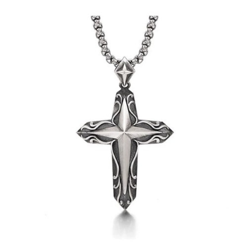 CROSS PENDANT NECKLACE: CROSS PENDANT NECKLACE Description: A cross pendant necklace with a figural cruciform design. Condition review should include chain, pendant bail, surface finish, metal marks and any stones or