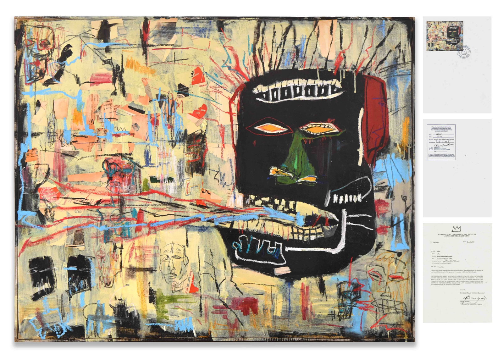 JEAN-MICHEL BASQUIAT (1960-1988), ATTRIBUTED TO,ACRYLIC AND OILSTICK ON CANVAS: JEAN-MICHEL BASQUIAT (1960-1988),ATTRIBUTED TO, ACRYLIC AND OILSTICK ON CANVAS Dimensions: Image size: 82 x 100.5 cm. All measured values are approximate. Provenance and Authenticity: This lot is