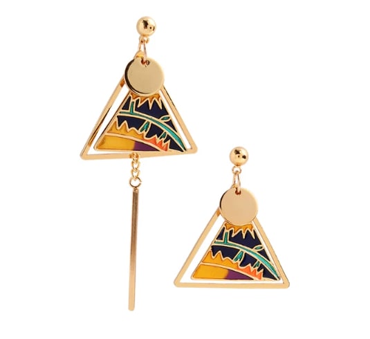 ENAMEL TRIANGLE EARRINGS: ENAMEL TRIANGLE EARRINGS Description: A pair of triangular enamel earrings with gold-tone mounts and colored geometric decoration. Condition should be checked for enamel chips, backs, metal finish
