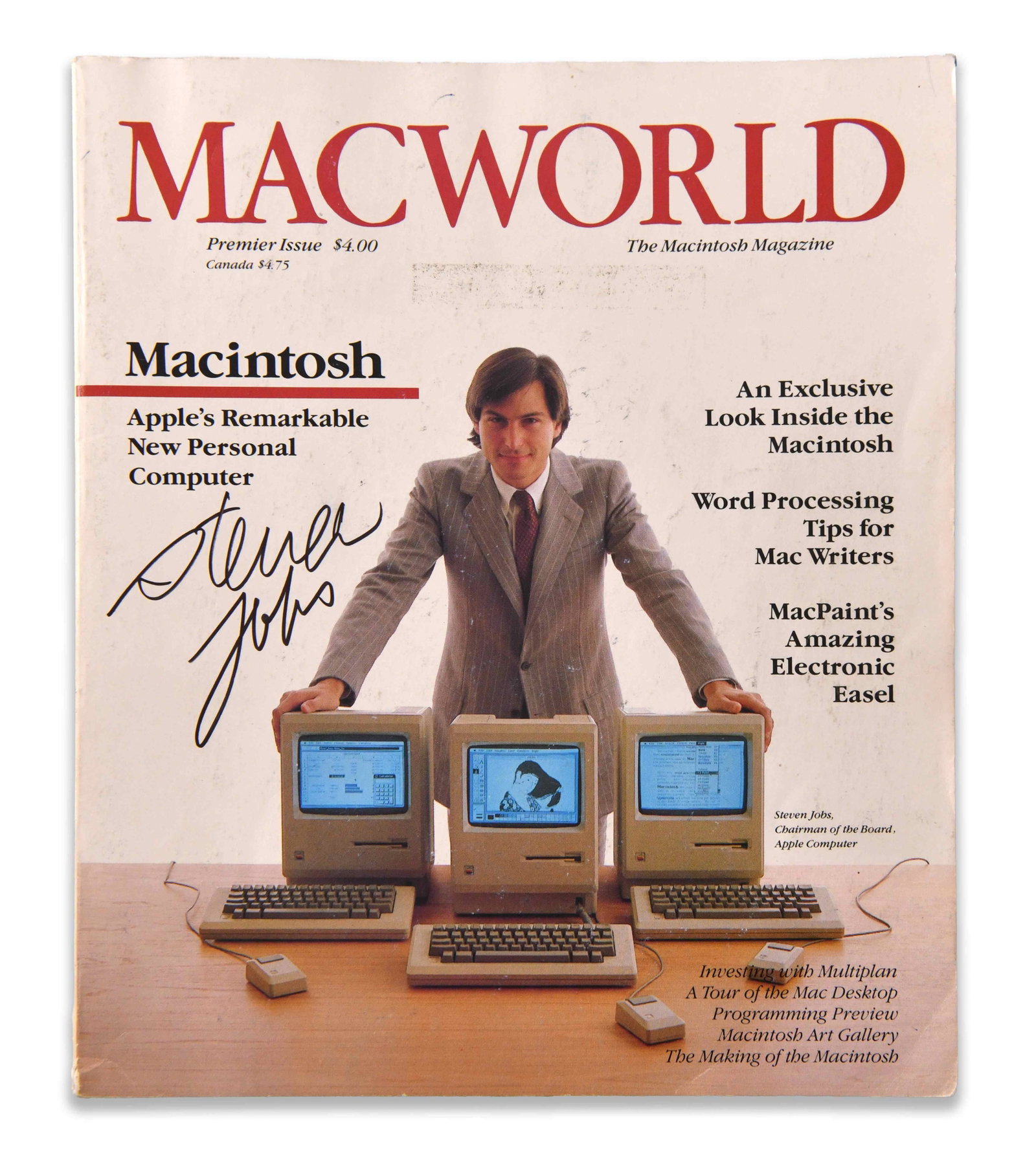 STEVE JOBS - SIGNED MACWORLD PREMIER ISSUE (1984, MACINTOSH LAUNCH ERA): STEVE JOBS - SIGNED MACWORLD PREMIER ISSUE (1984, MACINTOSH LAUNCH ERA) Provenance and Authenticity: The cover bears a bold black marker signature "Steve Jobs," placed prominently across the left-cent