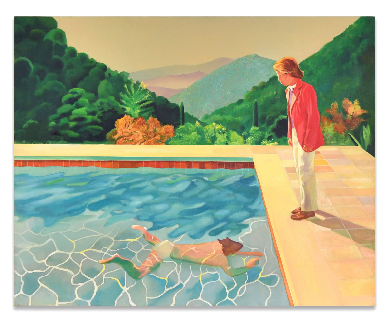 DAVID HOCKNEY (1937- 2026), ATTRIBUTED TO, OIL ON CANVAS: DAVID HOCKNEY (1937- 2026), ATTRIBUTED TO, OIL ON CANVAS Dimensions: Image size: 73.8 x 91.6 cm. All measured values are approximate. Provenance and Authenticity: This painting is presented in the man