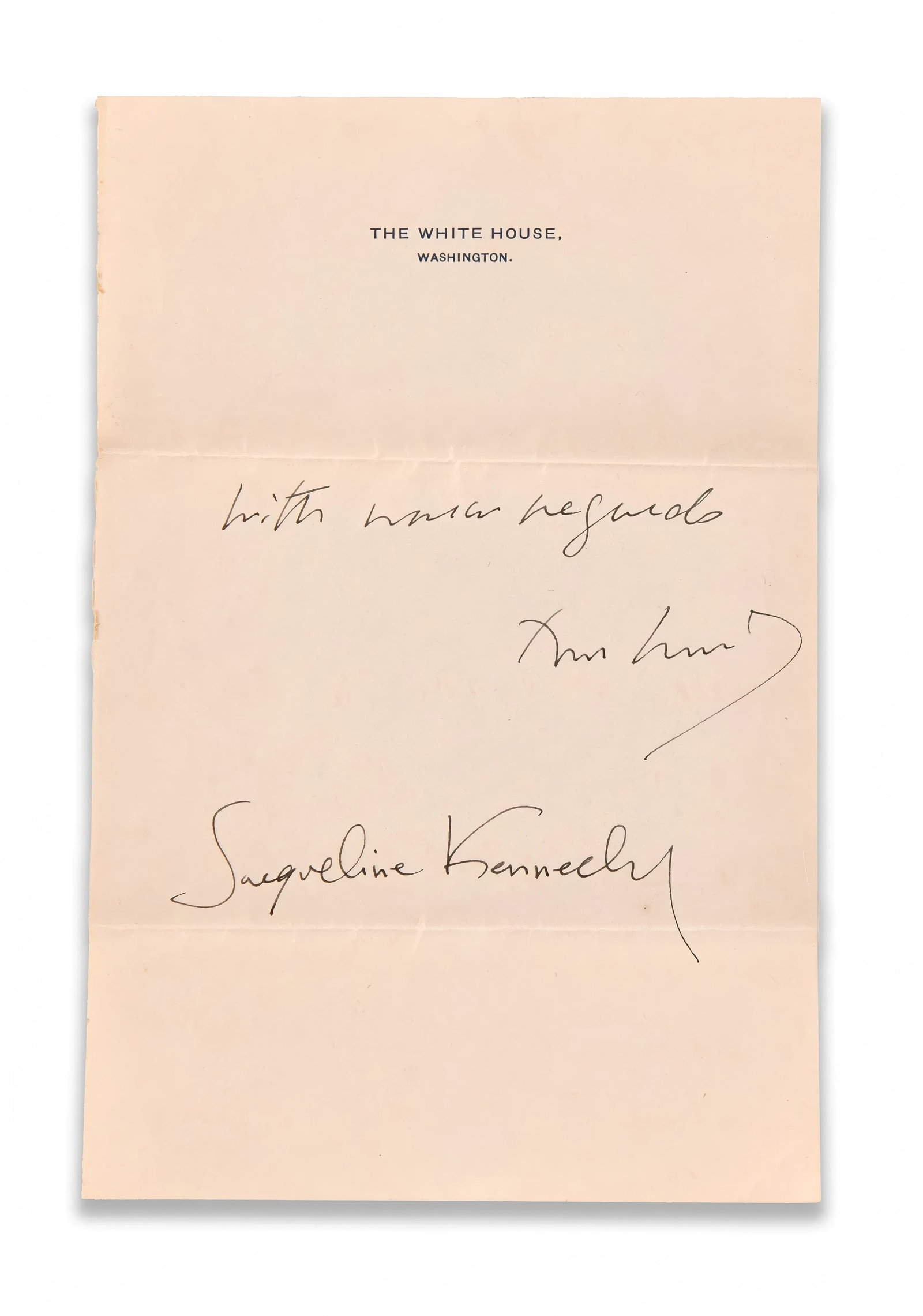 JOHN F. KENNEDY AND JACQUELINE KENNEDY - SIGNED WHITE HOUSE ENVELOPE: JOHN F. KENNEDY AND JACQUELINE KENNEDY - SIGNED WHITE HOUSE ENVELOPE Provenance and Authenticity: The lot is documented by the photographic record supplied for catalogue review, including views of