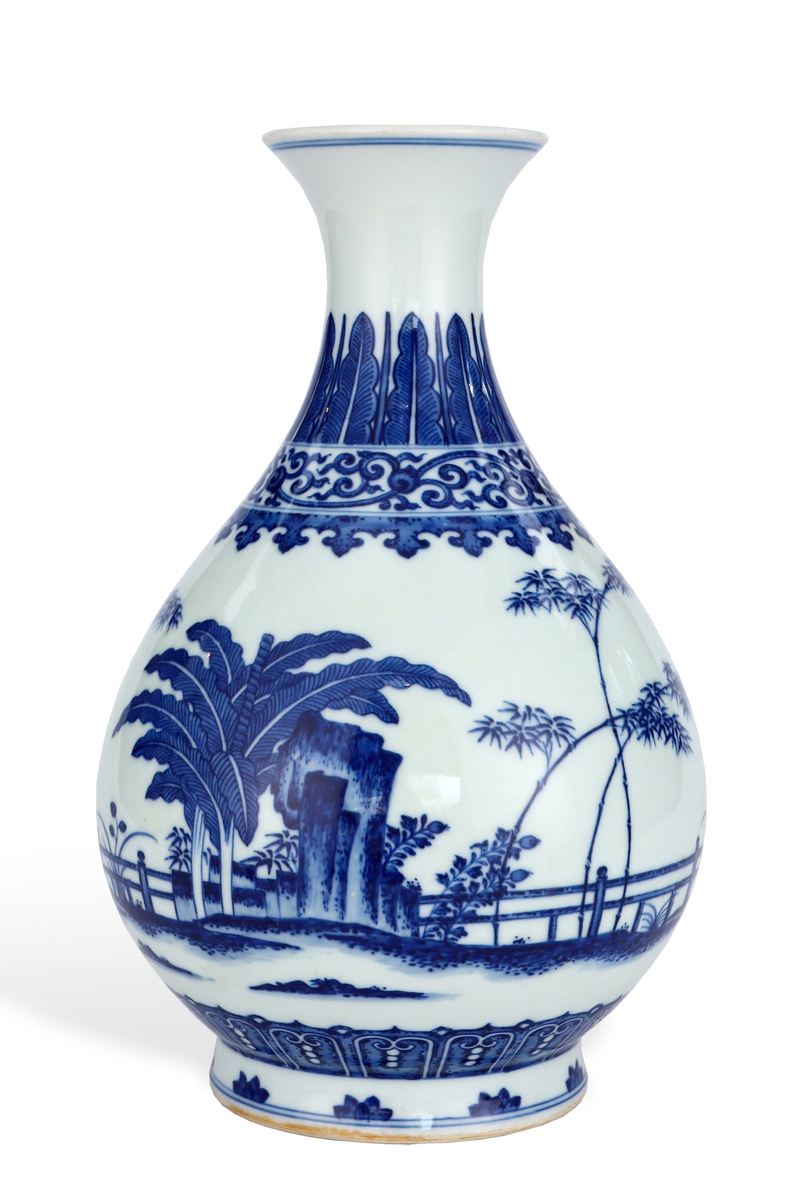 A BLUE AND WHITE 'BAMBOO, ROCK AND BANANA' YUHUCHUN VASE: A BLUE AND WHITE 'BAMBOO, ROCK AND BANANA' YUHUCHUN VASE Dimensions: Length: 19 cm (7.48 in.), Height: 29.3 cm (11.54 in.). All measurements are approximate.