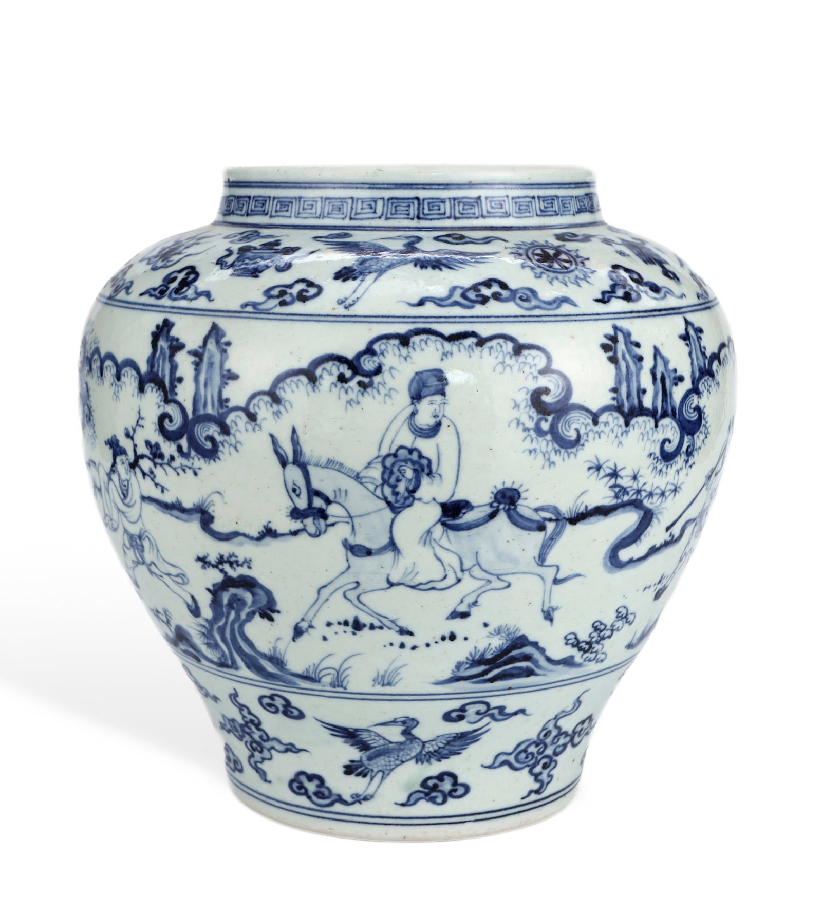 A BLUE AND WHITE 'VISITING A FRIEND WITH QIN' JAR: A BLUE AND WHITE 'VISITING A FRIEND WITH QIN' JAR Dimensions: Length: 33.5 cm (13.19 in.), Height: 32.3 cm (12.72 in.). All measurements are approximate.