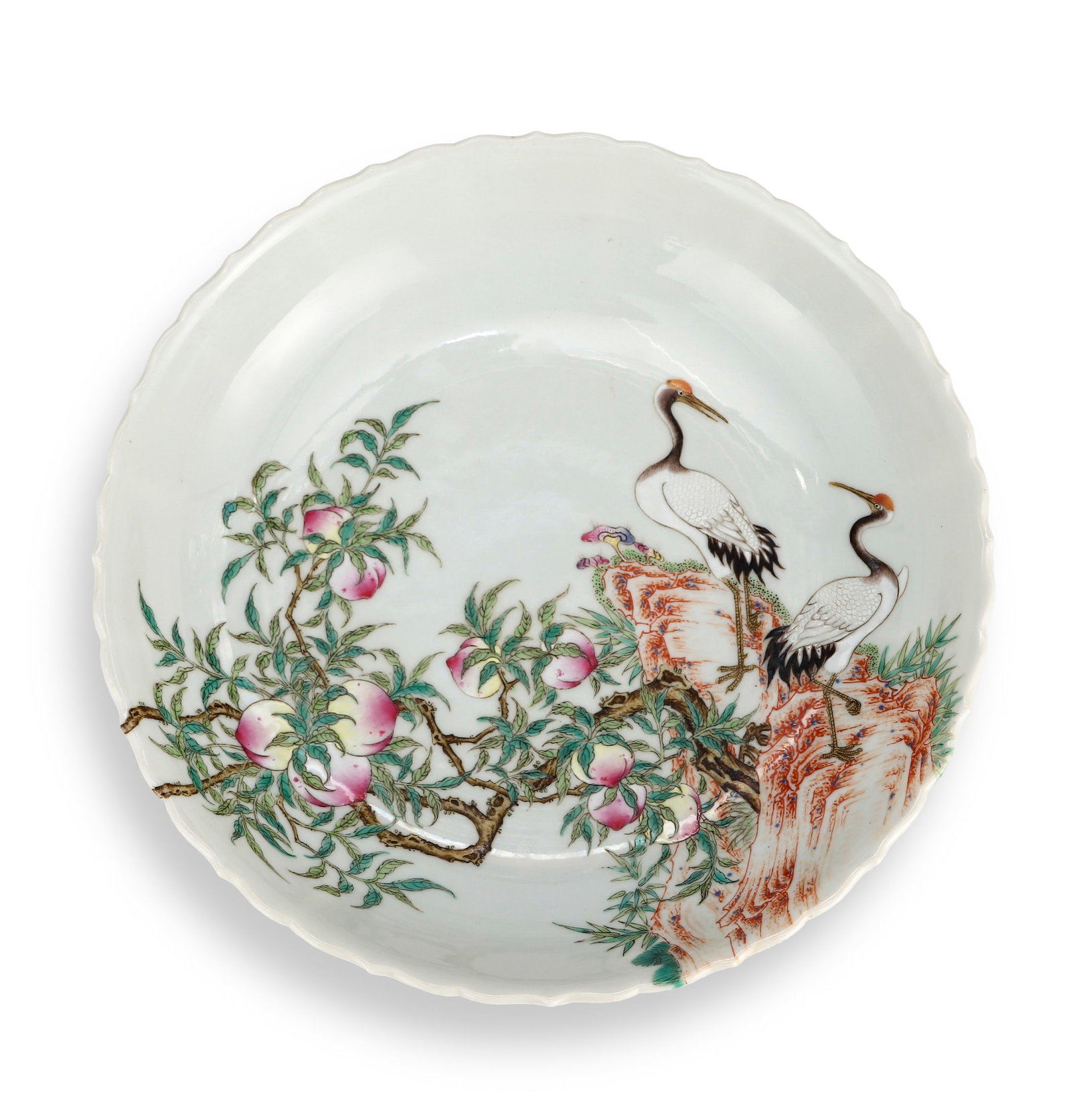 A FAMILLE ROSE 'FORTUNE AND LONGEVITY' DISH: A FAMILLE ROSE 'FORTUNE AND LONGEVITY' DISH Dimensions: Length: 21 cm (8.27 in.), Width: 21 cm (8.27 in.). All measurements are approximate.