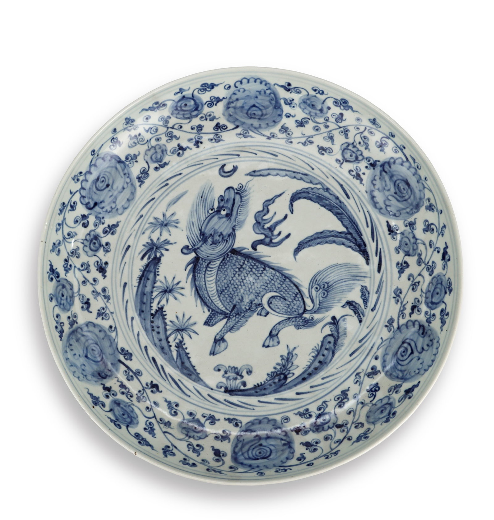 A BLUE AND WHITE 'QILIN' DISH (1 of 3)