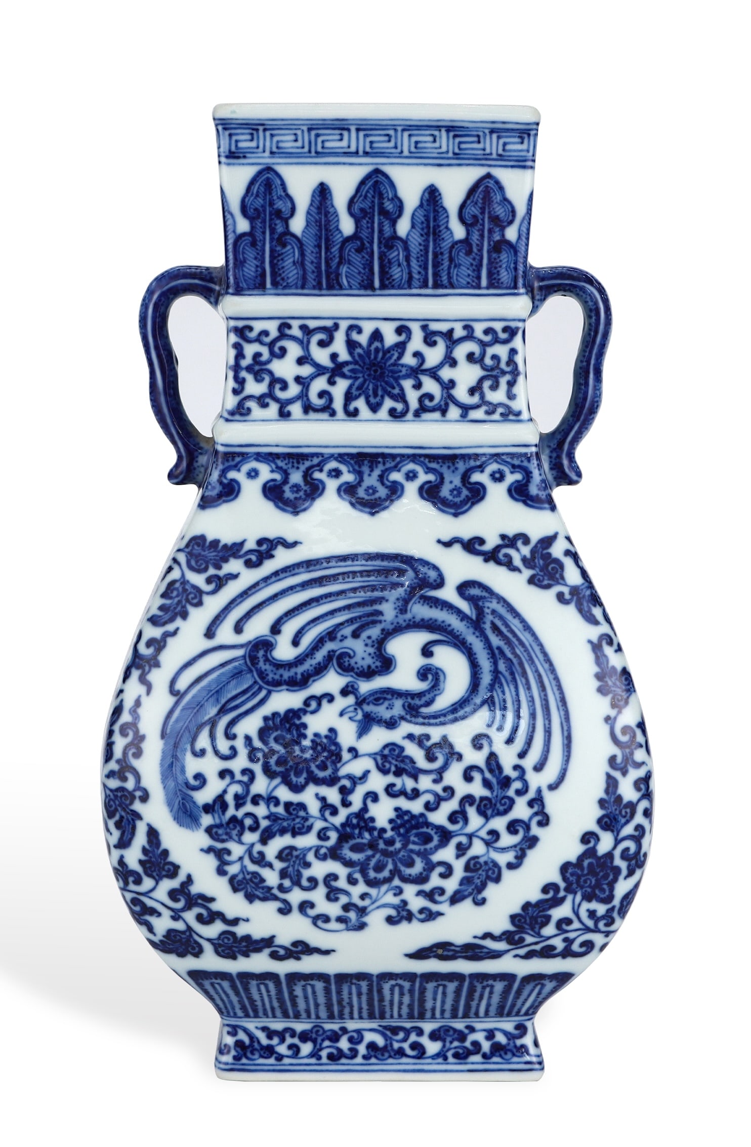 A BLUE AND WHITE 'PHOENIX AMONG FLOWERS' DOUBLE-HANDLE VASE (1 of 6)